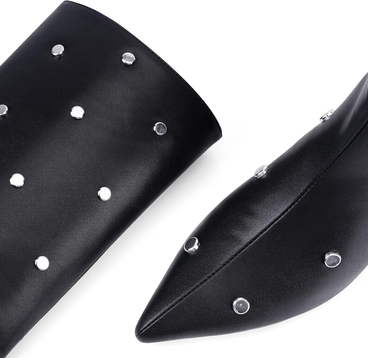 QIV Studded Knee High Boots Women Pointed Toe Kitten Heel Mid Wide Calf Boots with Zipper