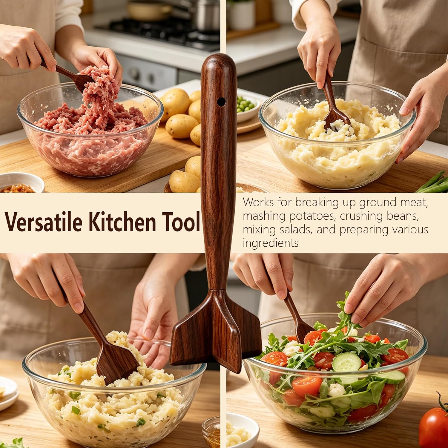 Wooden Ground Beef Masher, Natural Wood Hamburger Masher, for Non-Stick Pan, Stir-Fry the Minced Meat & Making Mashed Potatoes, Kitchen Tool for Beef, Sausage, Potato (2Pcs)
