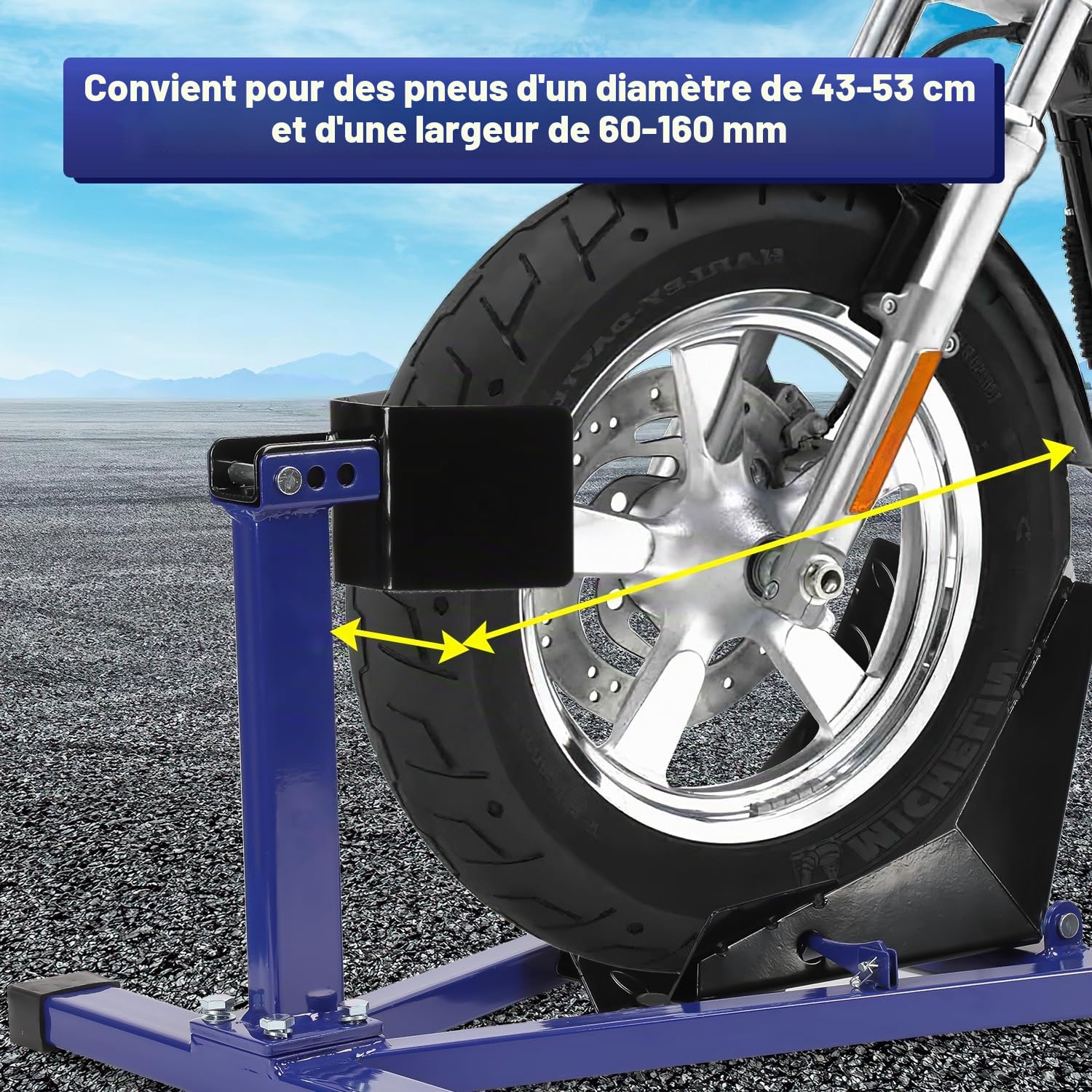 Support de montage, pince de roue avant de moto, support de moto, convient pour pneus de 17 à 21 pouces, rail d'aide au chargement, bleu, 1 pièce