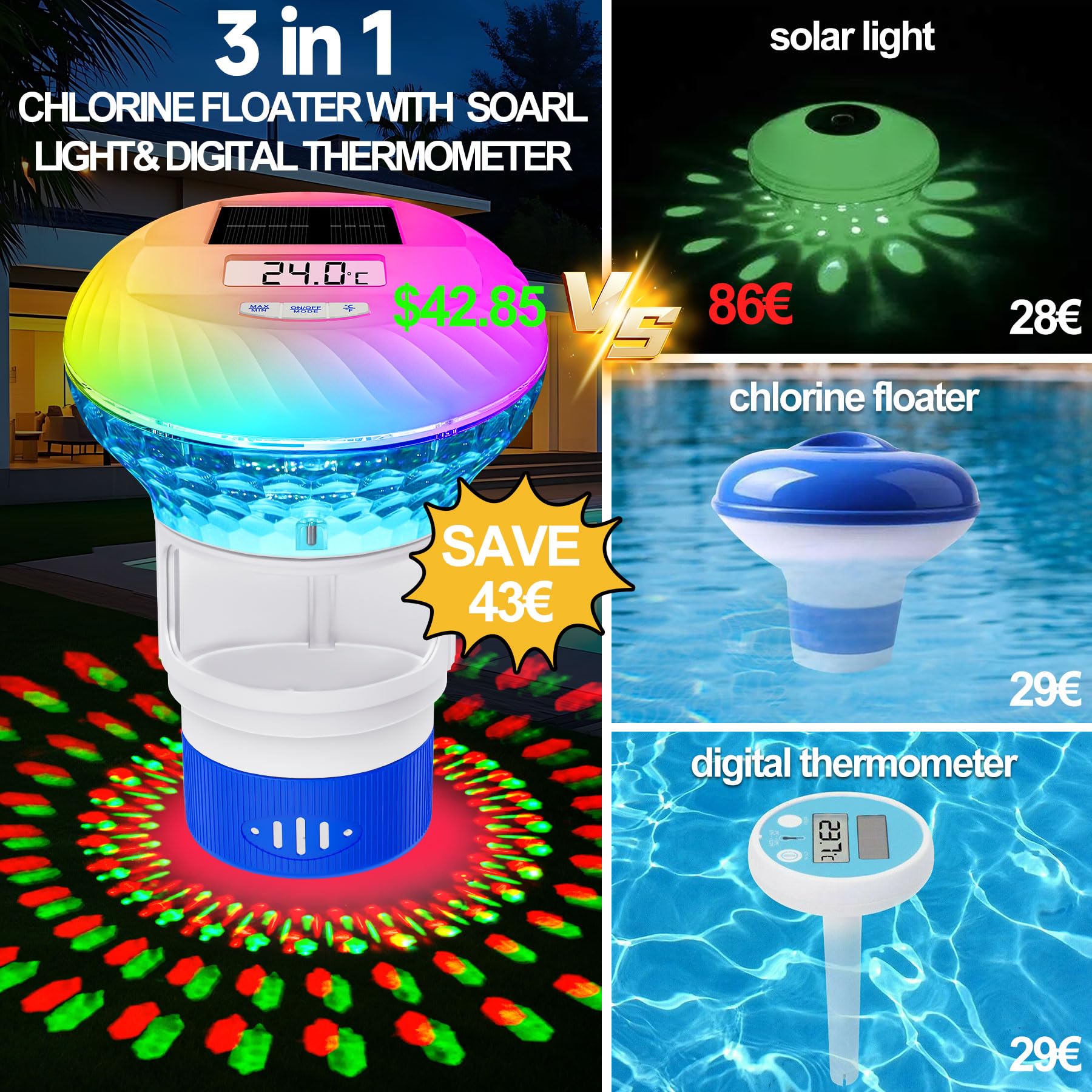 KingSom 2026 Diffuseur Chlore Piscine, Distributeur de Chlore Flottant avec Lumineux Solaire, Contrôle par Bouton Distributeur de Chlore pour Piscine Réglable
