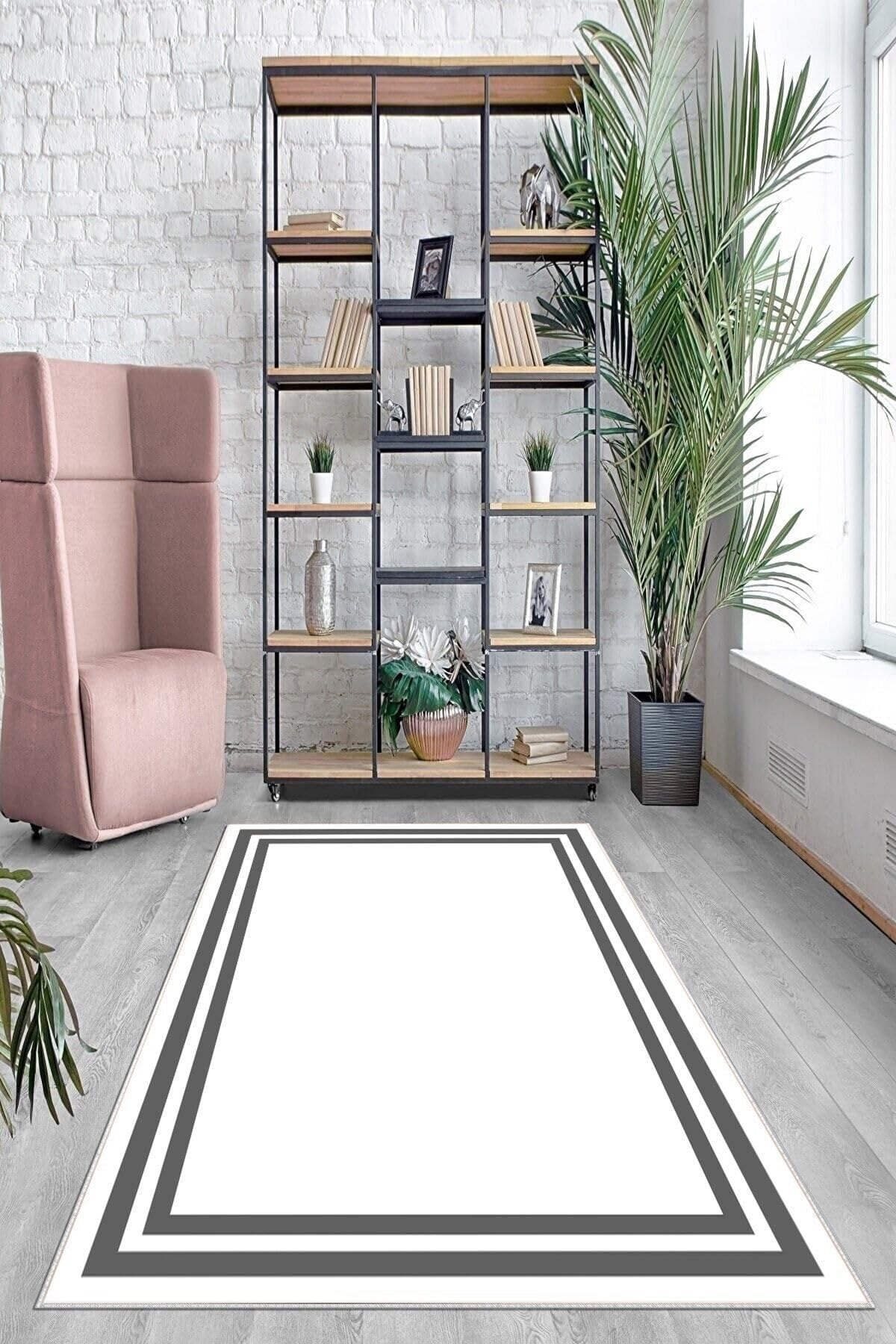 Pelangi Beyaz Zemin Gri Çerçeveli Yıkanabilir Kaymaz Taban Leke Tutmaz Modern Salon Halısı Ve Yolluk, Beyaz 160 x 350, 7457102716035005
