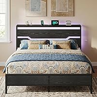 Vista 4 de Estructura de cama tamaño matrimonial con luces LED y estación de carga, estructura de cama completa con cabecero de almacenamiento, 13