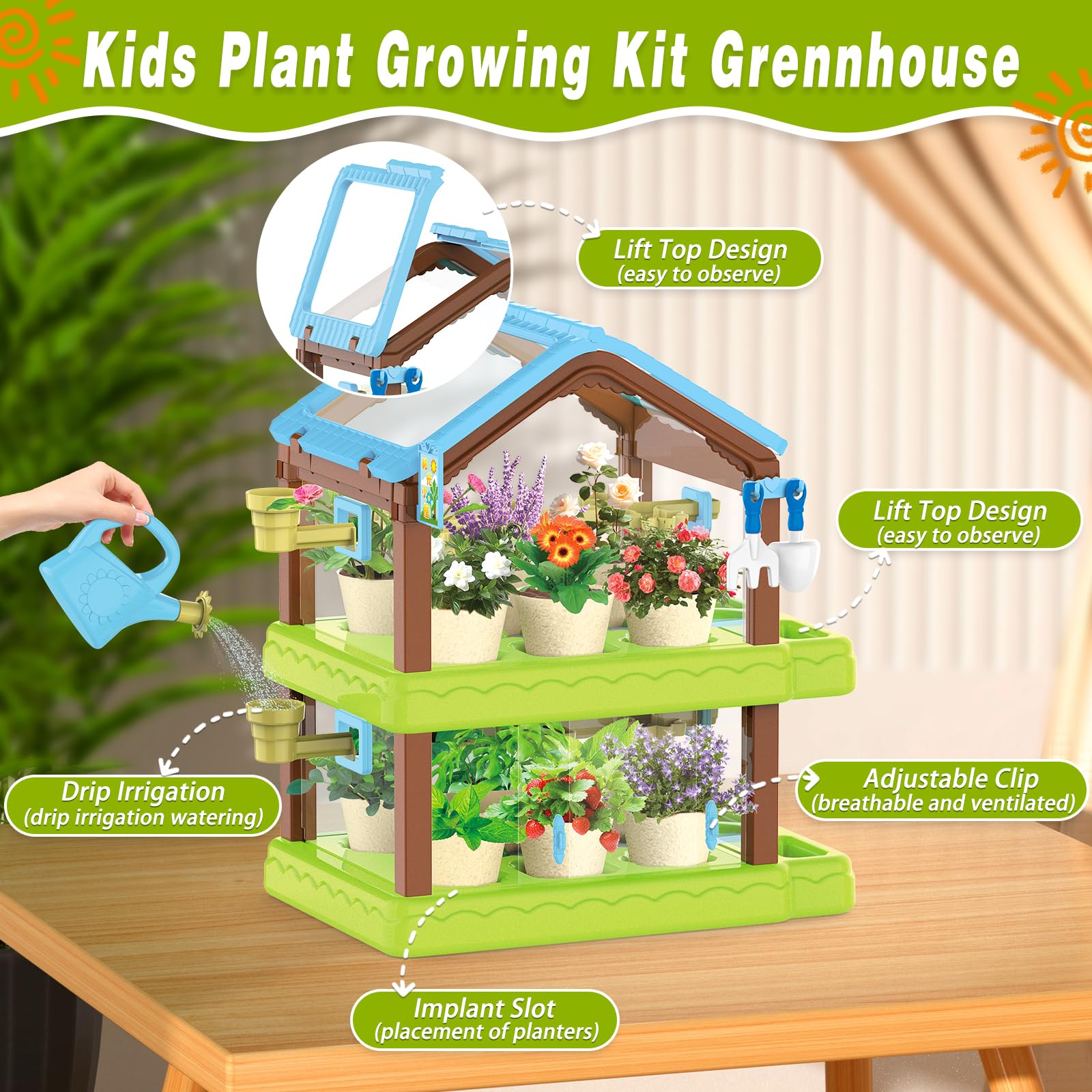 Mostop Kids Gardening Kit Greenhouse Growing Terrarium Kit, Kids Plant Growing kit, Kids Gardening Set with Garden Tools, Watering Can, Educational Creative Thinking Toddler Gardening Set for Kids - Image 4