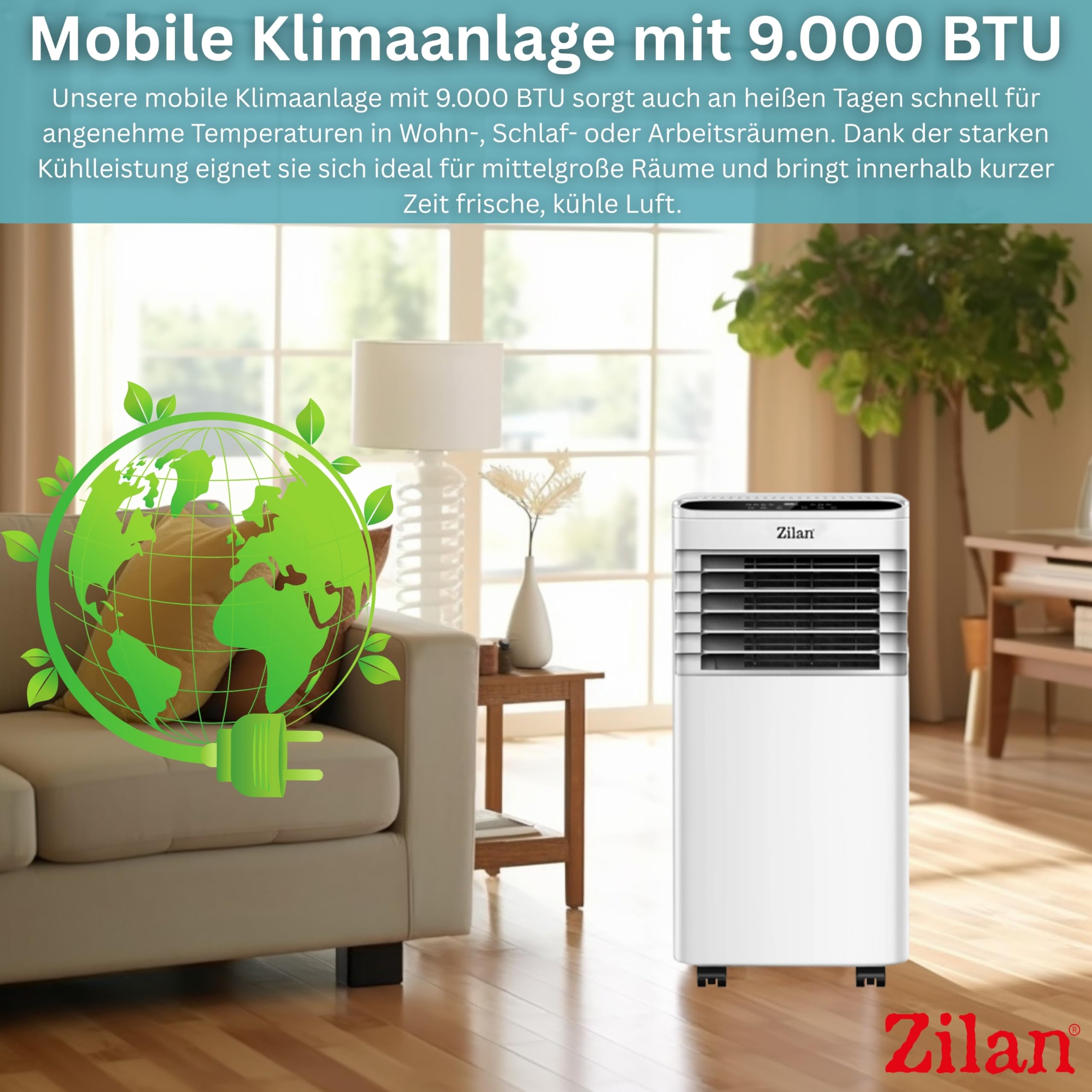 Zilan Mobile Klimaanlage 9000 BTU 3-in-1 Mobiles Klimagerät mit Abluftschlauch & Fensterkit – Kühlen, Entfeuchten & Ventilator, für Räume bis 50 m², 24h Timer, Schlafmodus, LED Display, Fernbedienung