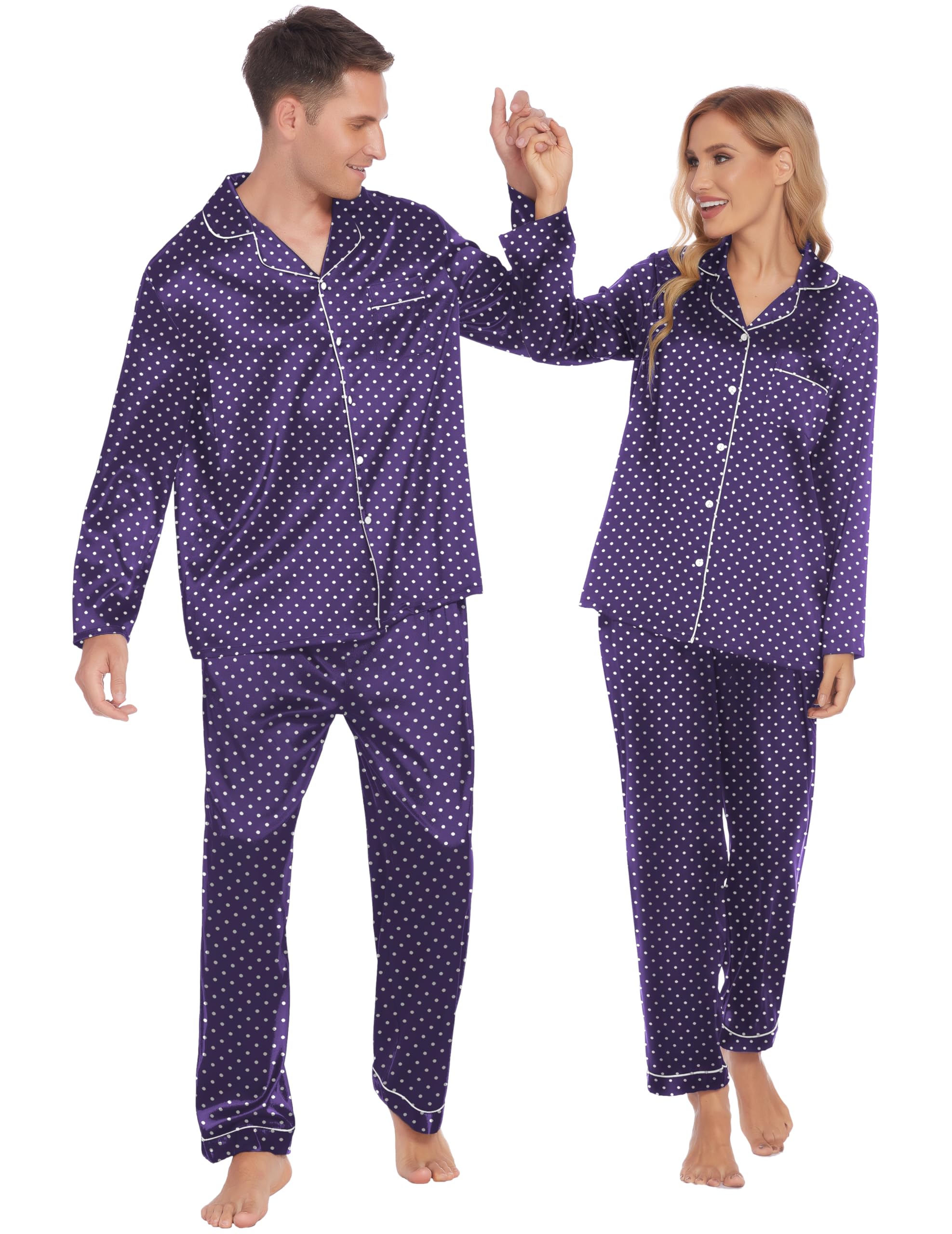 Ekouaer Pijamas a juego para parejas, de seda, de manga larga, de satén, suave, con botones, tallas S-XXL, blanco, azul marino (Navy White Polka Dots), XX-Large