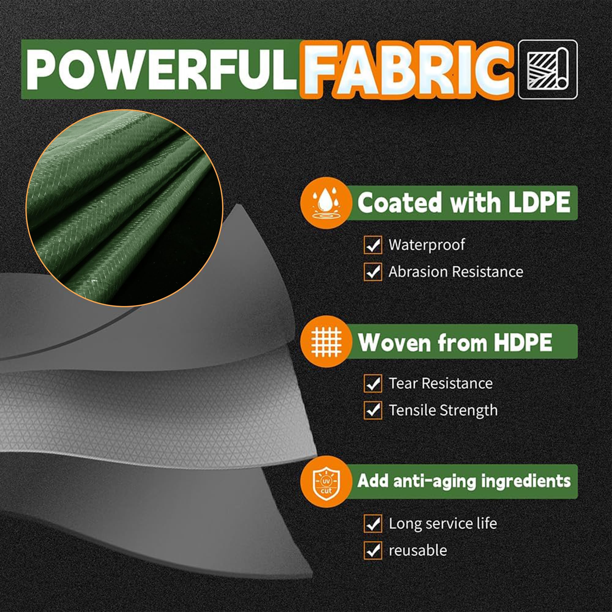 RAINDEWAY Tarps 8x10 Feet,Tarp Waterproof,9Mil Thick,Finished Size,Multipurpose Poly Tarp Cover with Metal Grommets and Reinforced Edges,Green/Black Tarpaulin - Additional View