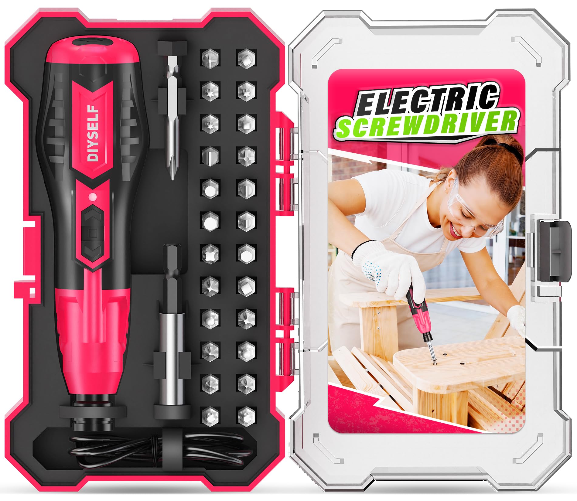 DIYSELF Electric Screwdriver Cordless Rechargeable 3 7V Power Screwdriver with LED Includes 25 Bits Magnetic Bit Holder USB
