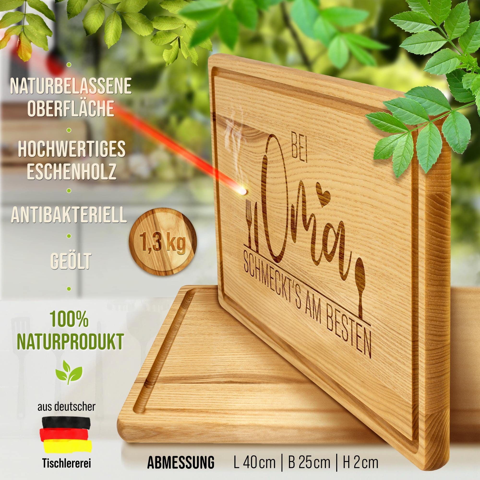 Großes Holzbrett mit Gravur - Bei Oma schmeckt's am besten - Schneidebrett gravieren| Eschenholz, 40 x 25 x 2 cm, Geschenk mit Gravur, Geschenk für Oma