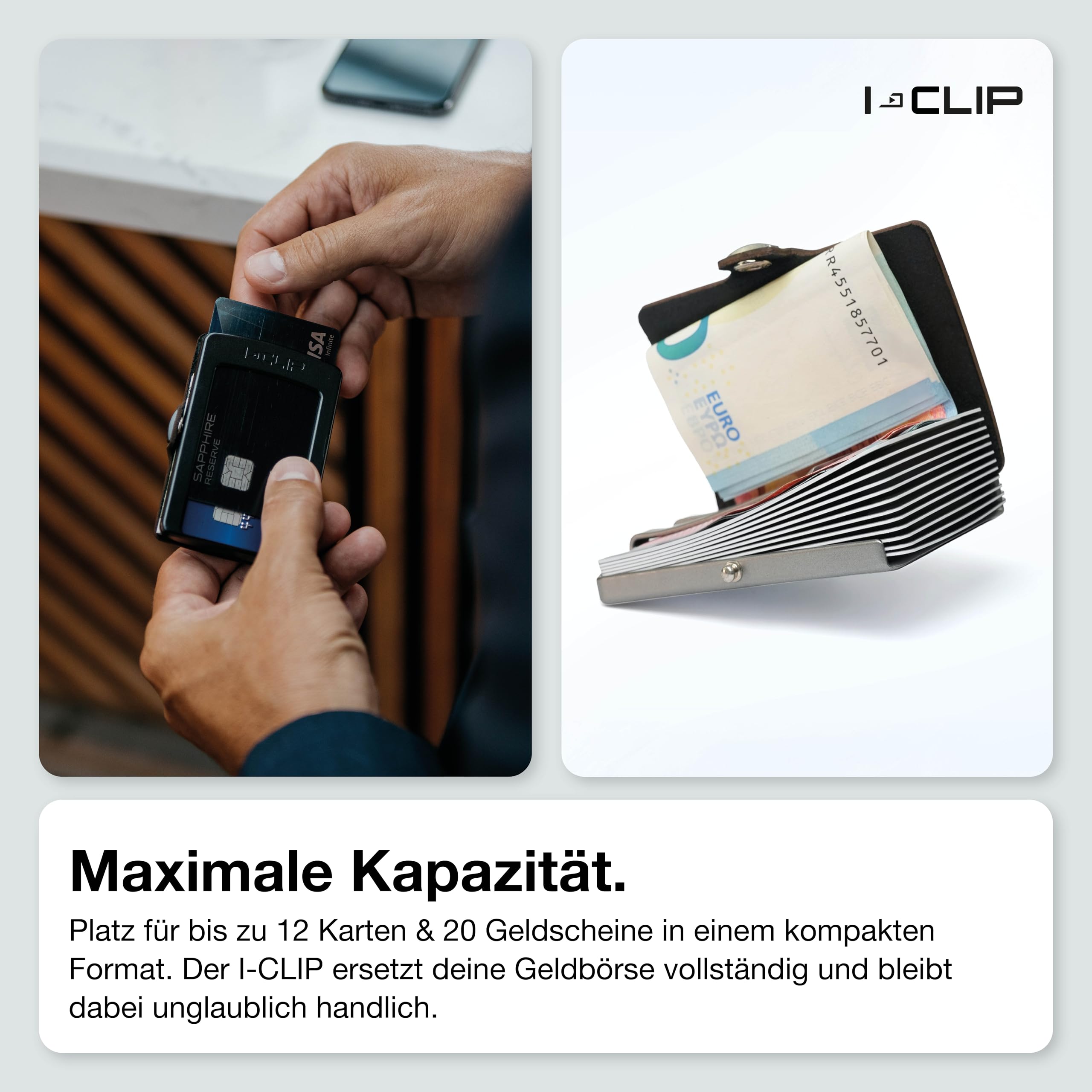 I-CLIP Original Herren Geldbörse - Slim Wallet mit Geldklammer - Mini-Portemonnaie mit Platz für bis zu 12 Karten - Ultraleicht mit nur 22g - Echtleder in Carbon-Optik - Schwarzer Rahmen
