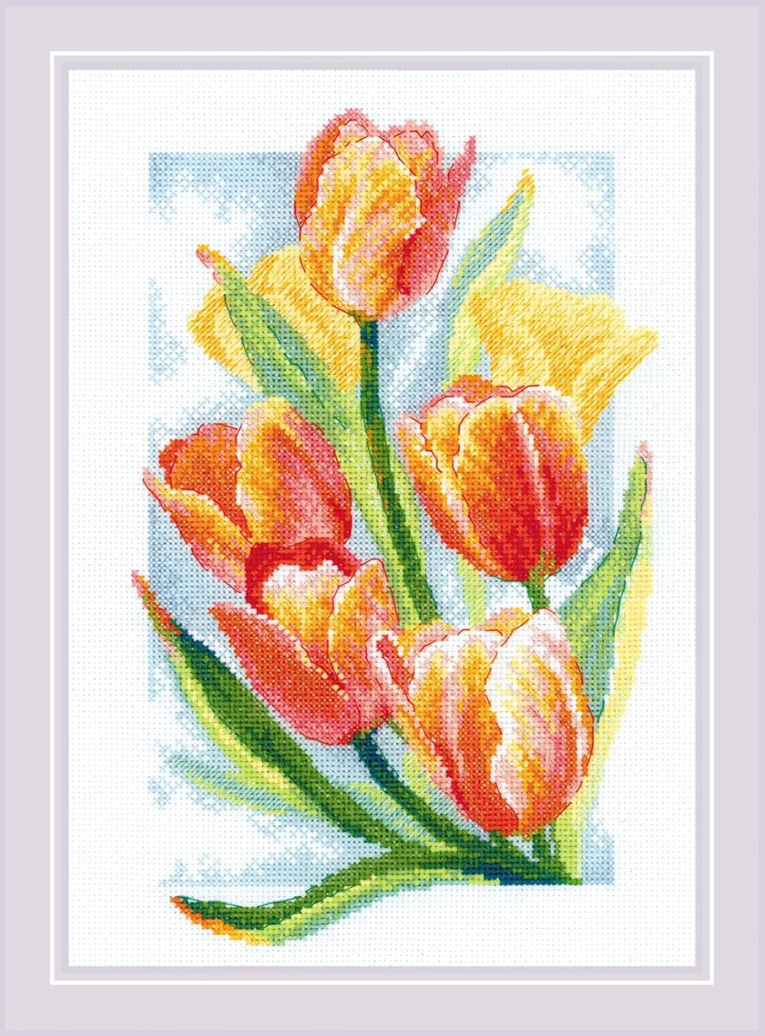 RIOLIS - Spring Glow. Tulips 2191, Cross Stitch Kits 8¼"x11¾, Cross Stitch Kits for Adults, Counted Cross Stitch Kits, Embroidery Kit for Beginners & Advanced, Floral Crossstitching Kits