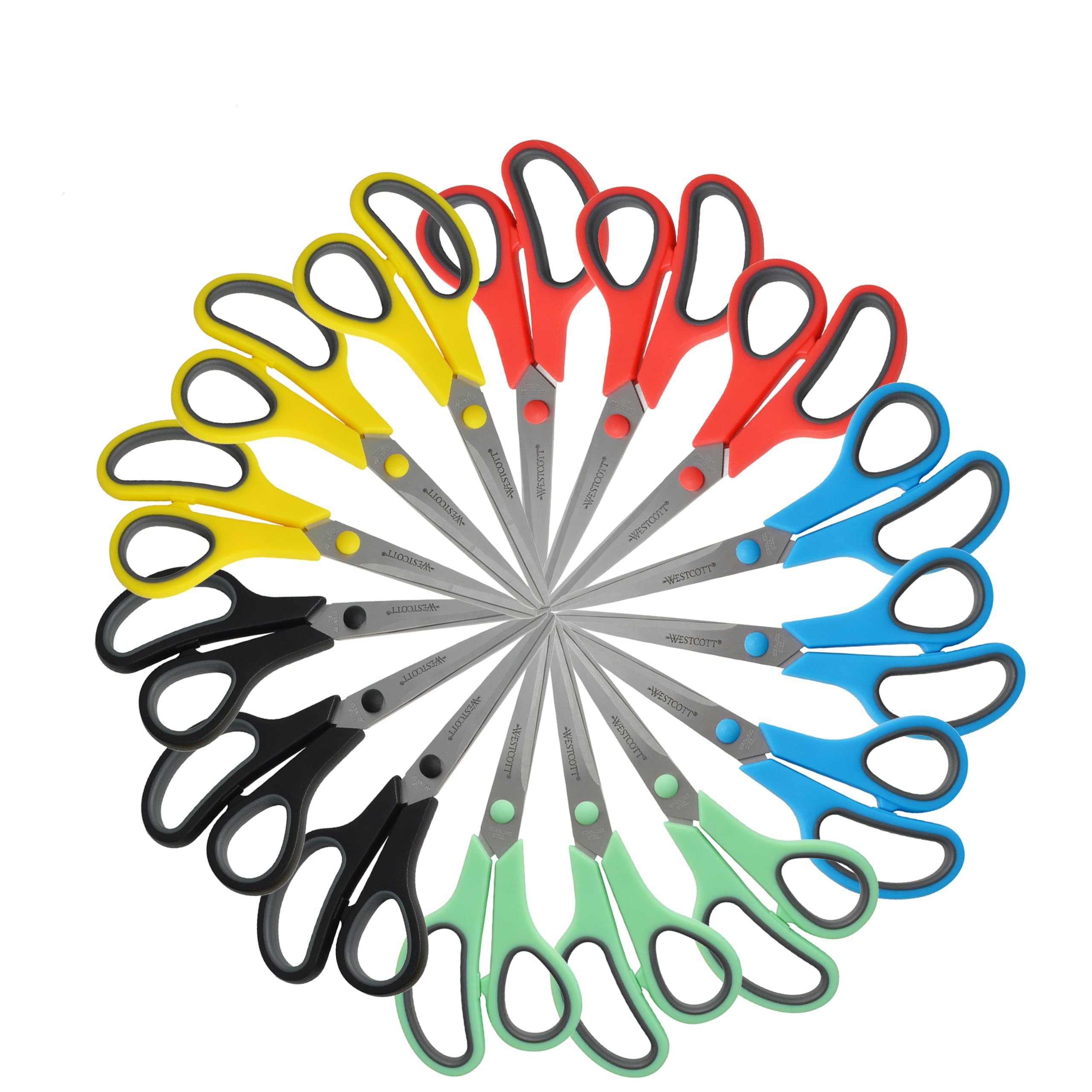 Westcott 8" Straight Stainless Steel Soft Grip Handle Scissors, Assorted Colors, Pack of 15