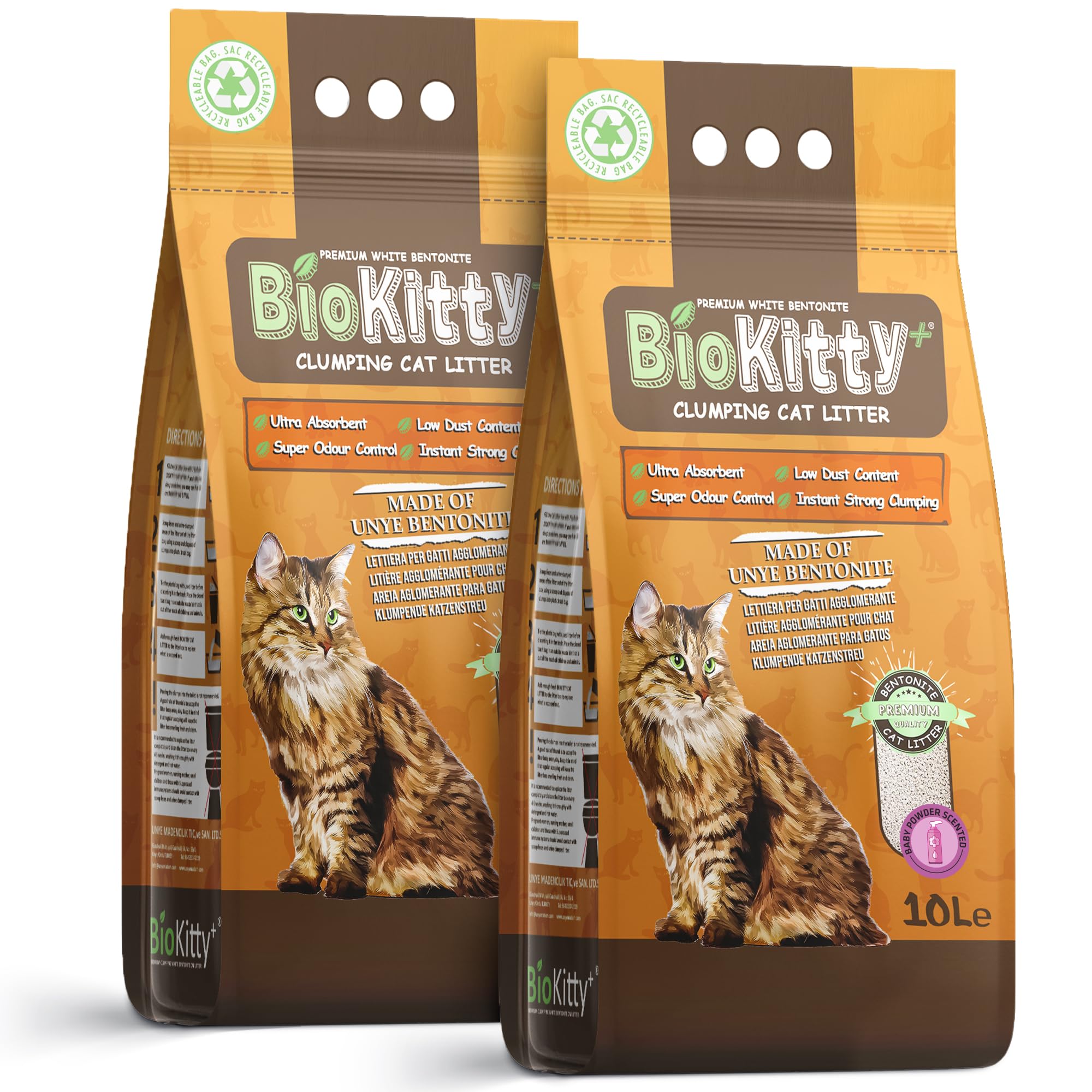 BioKitty Clumping Cat Litter, 99% dust free, highly absorbent natural mineral bentonite cat litter, baby powder scented long lasting odour control clumping cat litter, 2x8.5kg/20L 2 bags (baby powder)