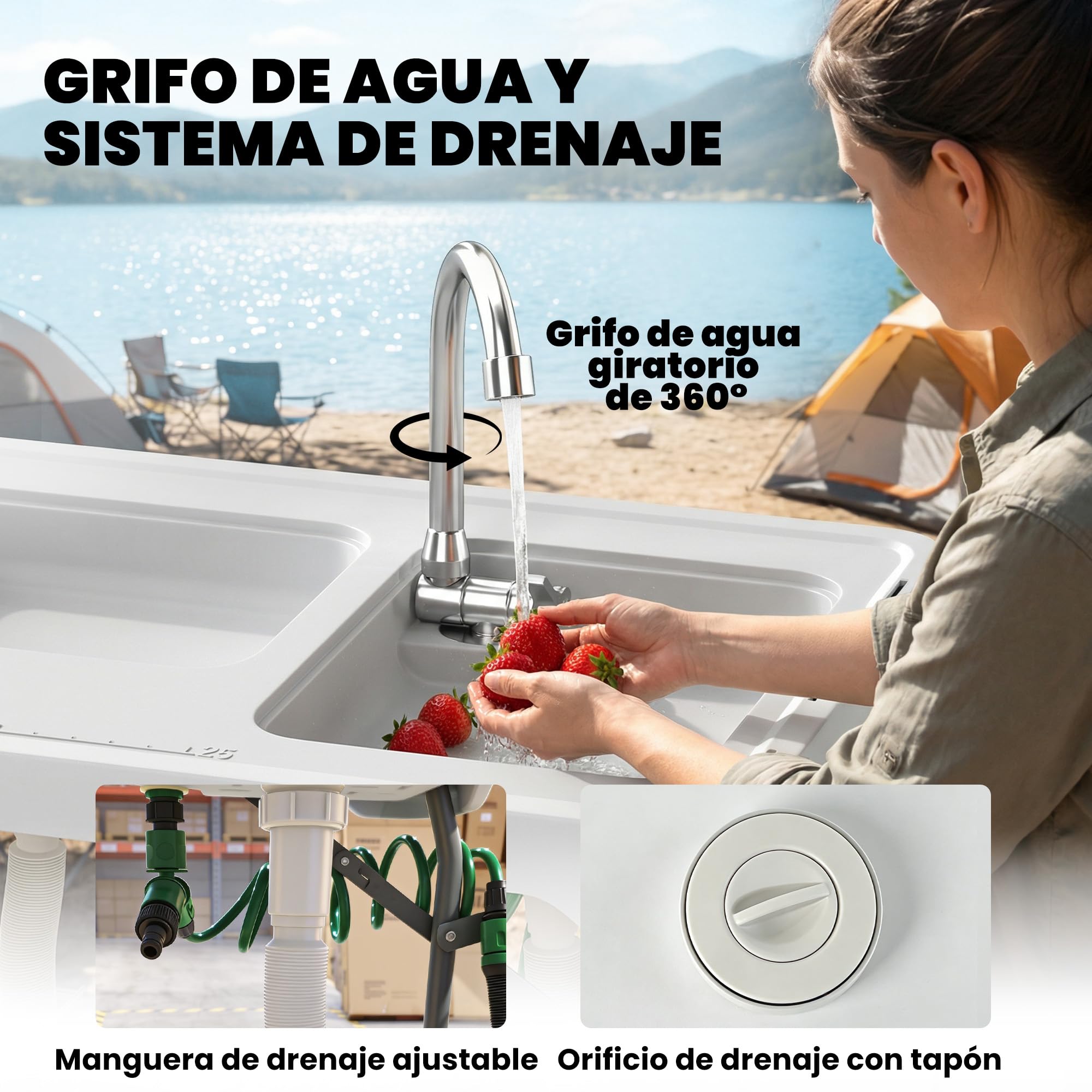 Outsunny Table de Nettoyage Portable pour Poisson, Table Pliante de Camping avec 2 éviers, Robinet, Tuyau, étagère latérale, Grille, tiroir, Panier, règle, rainures, Station de Nettoyage pour la