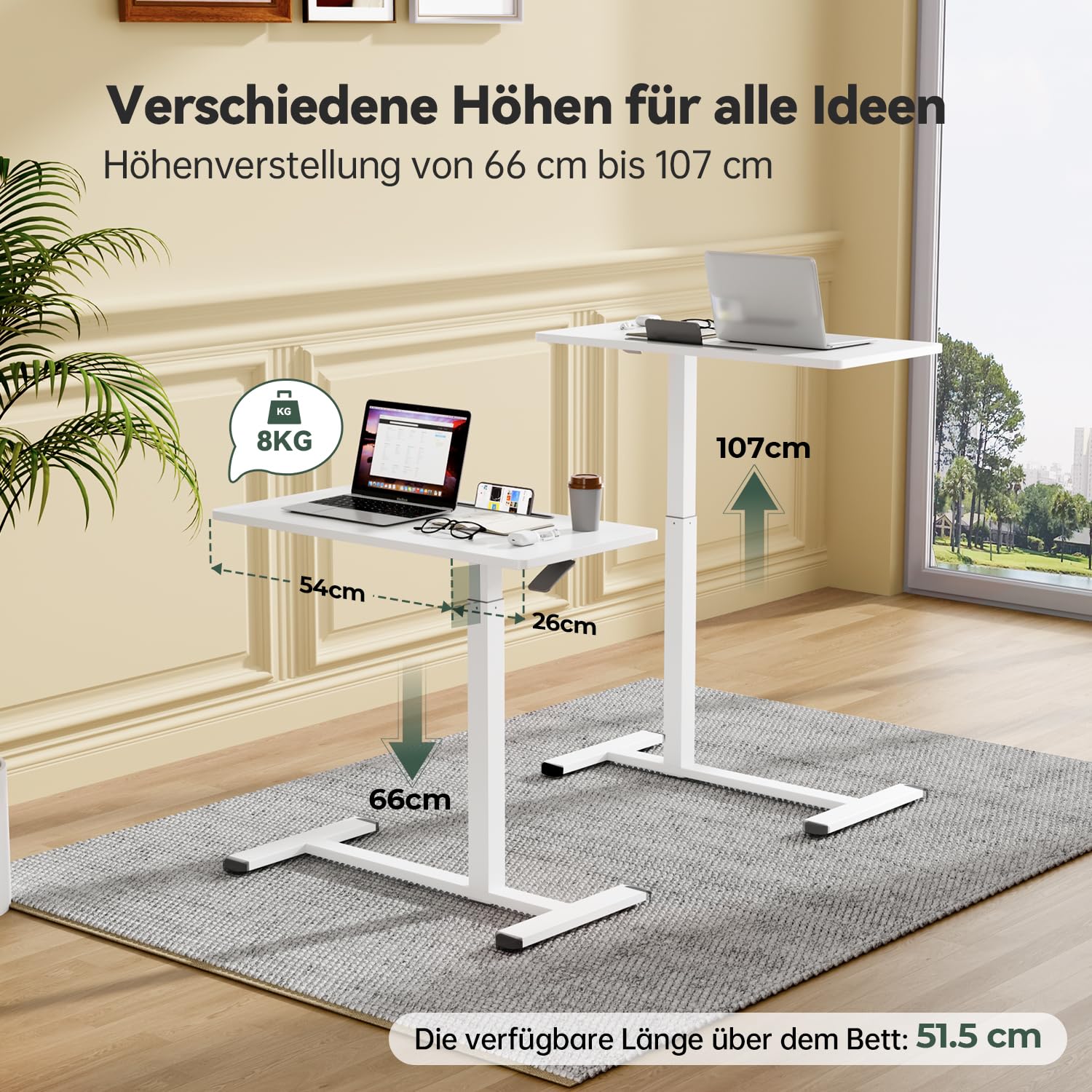 Gibbon Mounts Mobiler Höhenverstellbarer Schreibtisch, Laptoptisch mit 4 Rollen (80 x 40 cm), Stehpult Computertisch Klein, Beistelltisch C Form Couchtisch für Heimbüro, Weiß