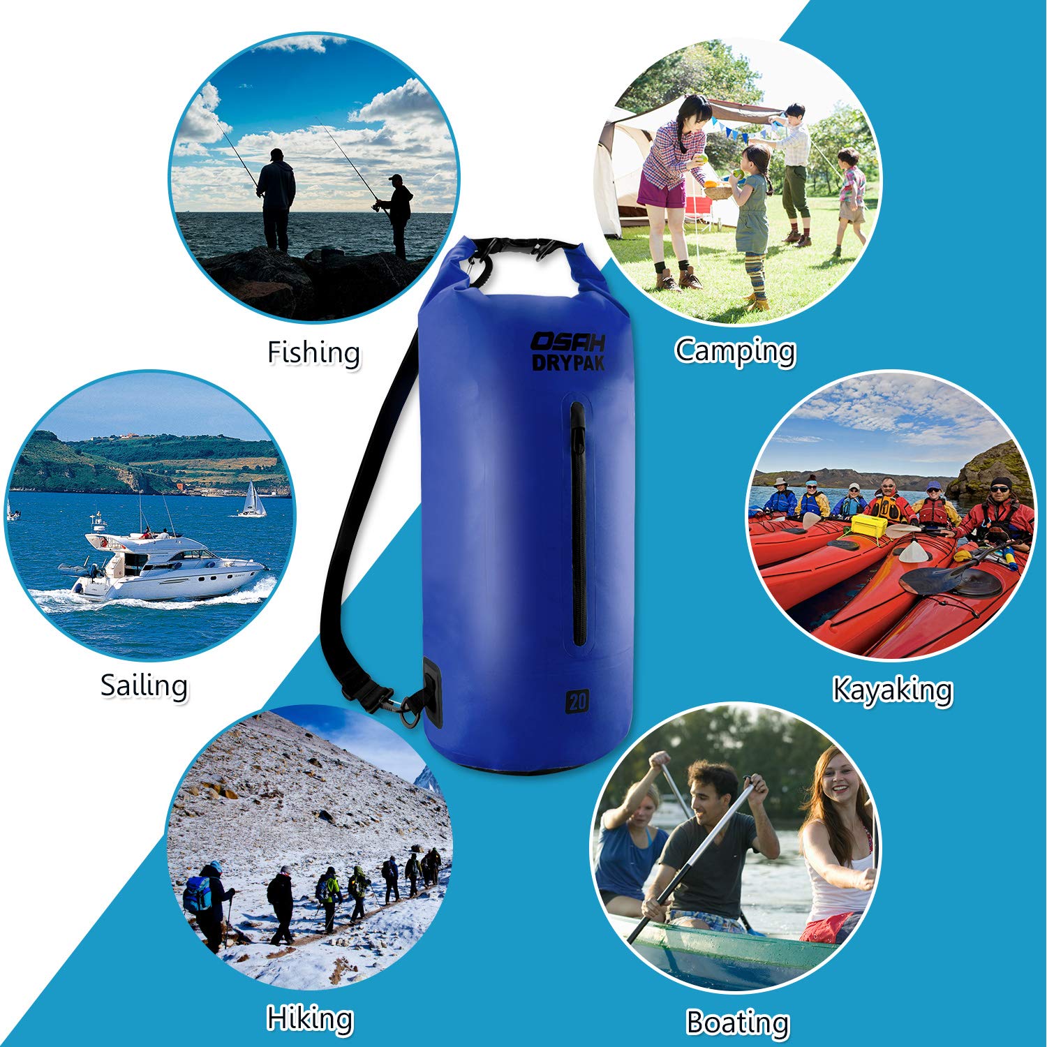 OSAH DRYPAK Borse Impermeabile Sacca Dry Bag 5L 10L 15L 20L 30L con Tracolla Regolabile per Spiaggia Sport d'Acqua Trekking Kayak Canoa Pesca Rafting Nuoto Campeggio