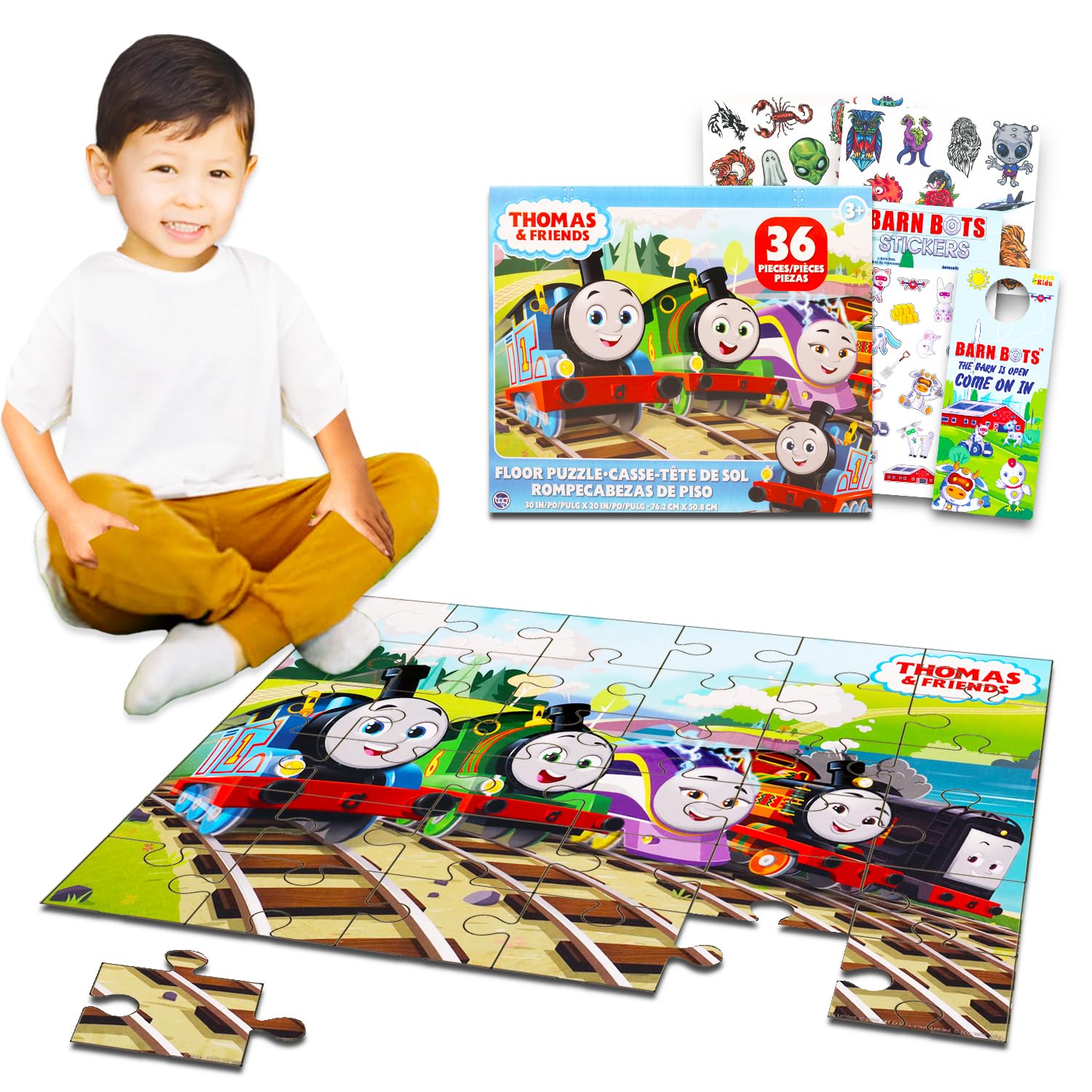 Thomas der Zug Bodenpuzzle für Kinder, Kleinkinder – Bundle mit 36 Teilen Thomas und seine Freunde Bodenpuzzle, Aufkleber, Tattoos, mehr | Thomas der Zug Spielzeug für Jungen