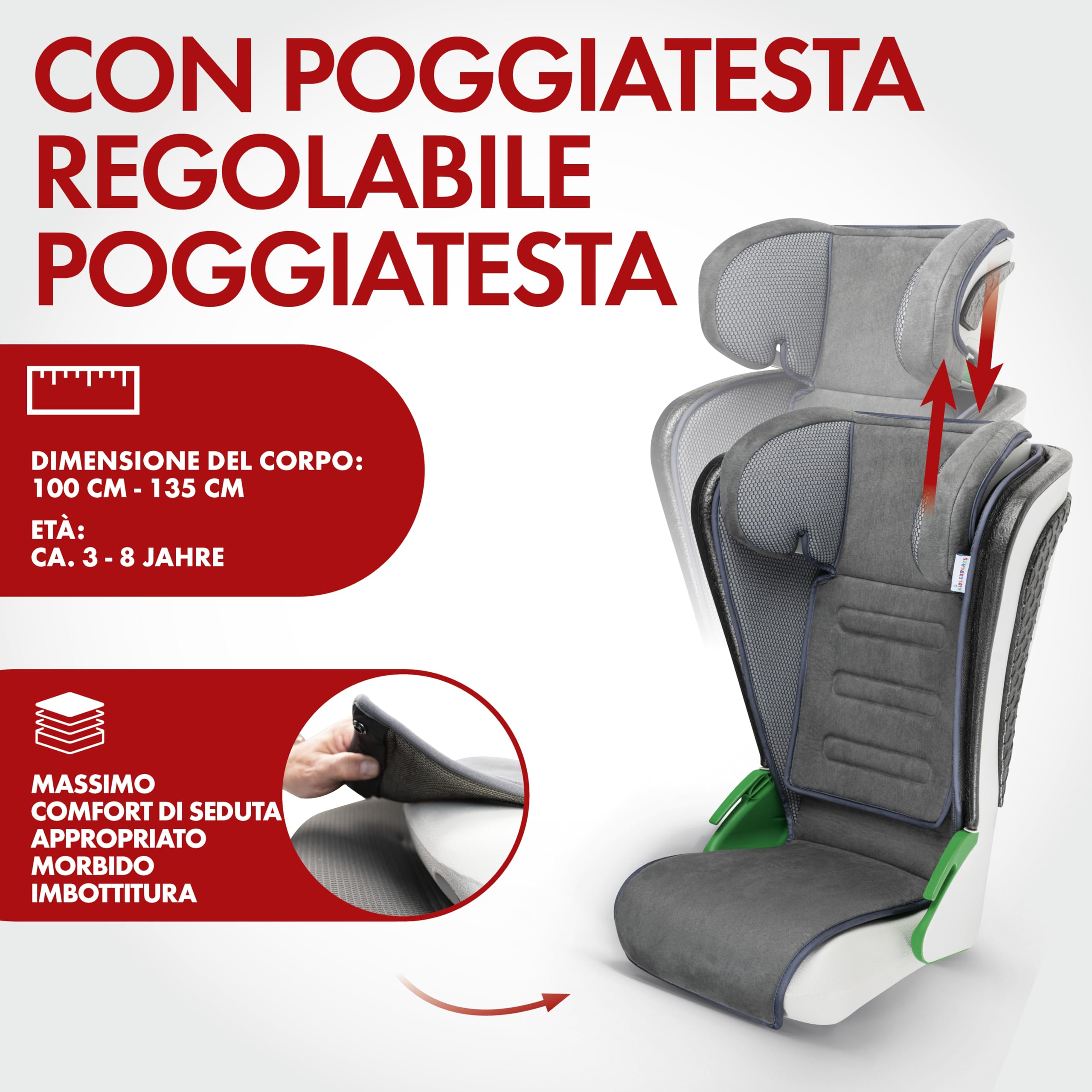 WALSER seggiolino auto premium Noemi, ECE R129 seggiolino auto bambini 100-135 cm (circa 3-8 anni), comodo sedile per veicolo con/senza i-Size, dimensioni sedile 57x46x22 cm antracite