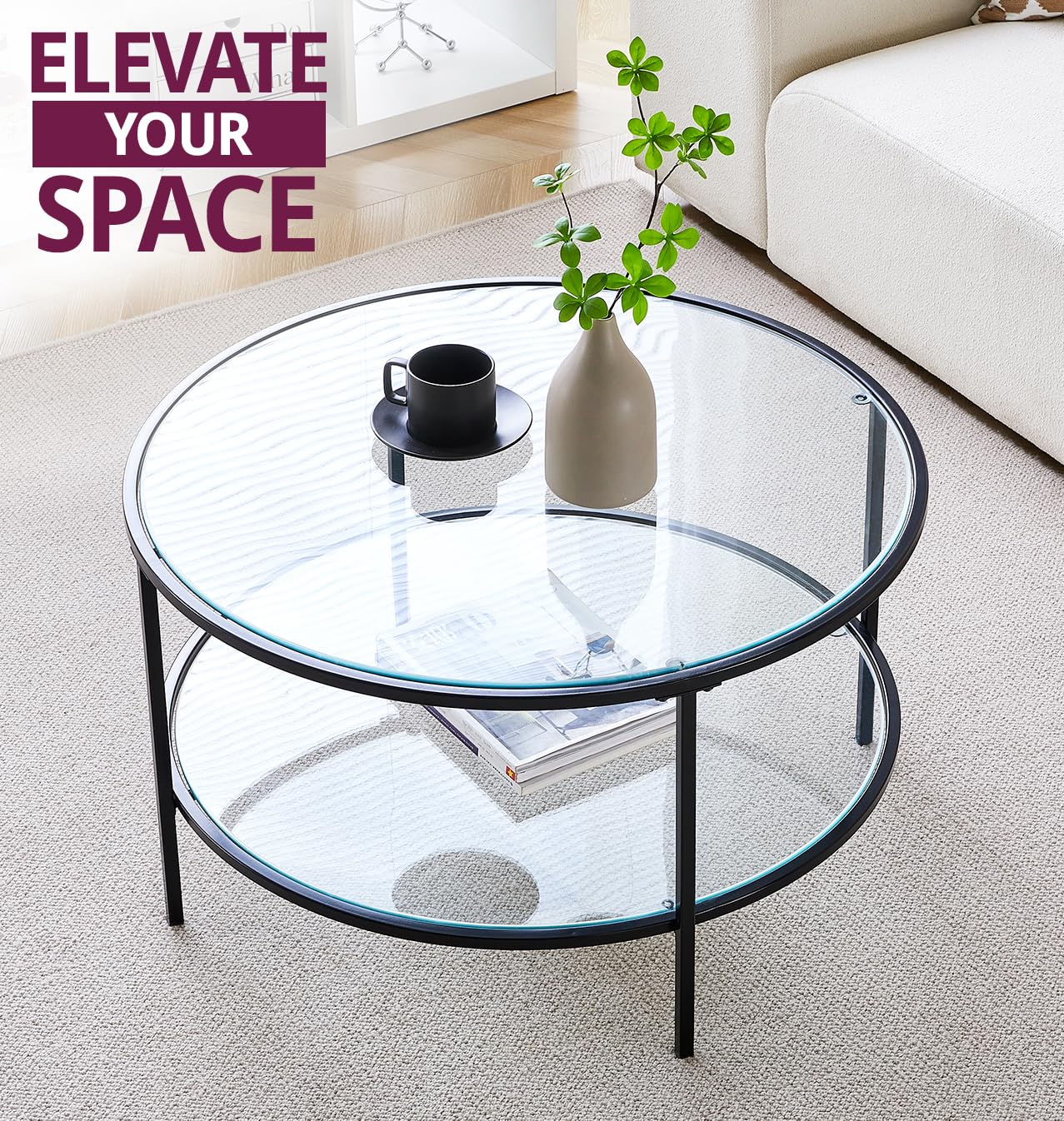Hallowood Furniture Bewdley Petite Table D'appoint En Métal Noir,Table Basse Avec Plateau En Verre Et Cadre En Métal,Console De Couloir Et Support De Plante Téléphonique,Table De Chevet