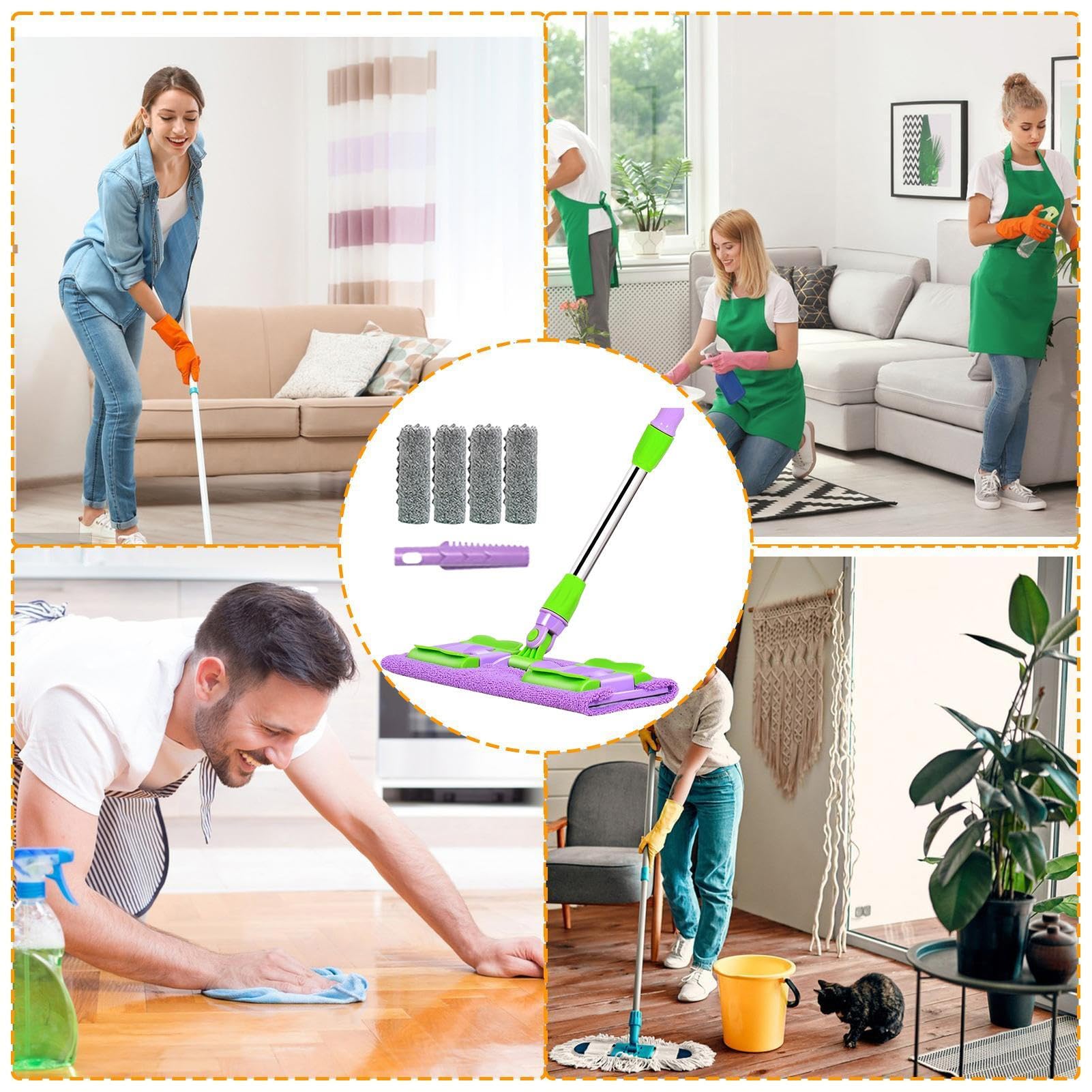 Mopa Para Suelos Madera Rotación 360 Grados, Mango Telescópico, Raspador | Mopa De Cocina Con 4 Almohadillas Lavables Para Baño, Garaje, Exteriores, Patio, Baldosas, Laminado, Madera