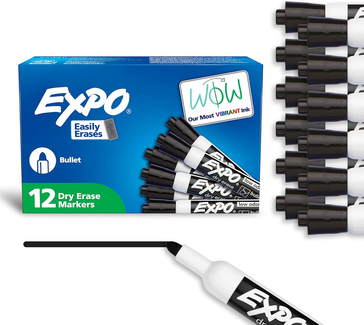 Marcadores de borrado en seco de EXPO, tinta de bajo olor, negro, punta de bala, 12 unidades: pizarra, calendario, organización, suministros esenciales para la oficina, la escuela, el aula, los maestros