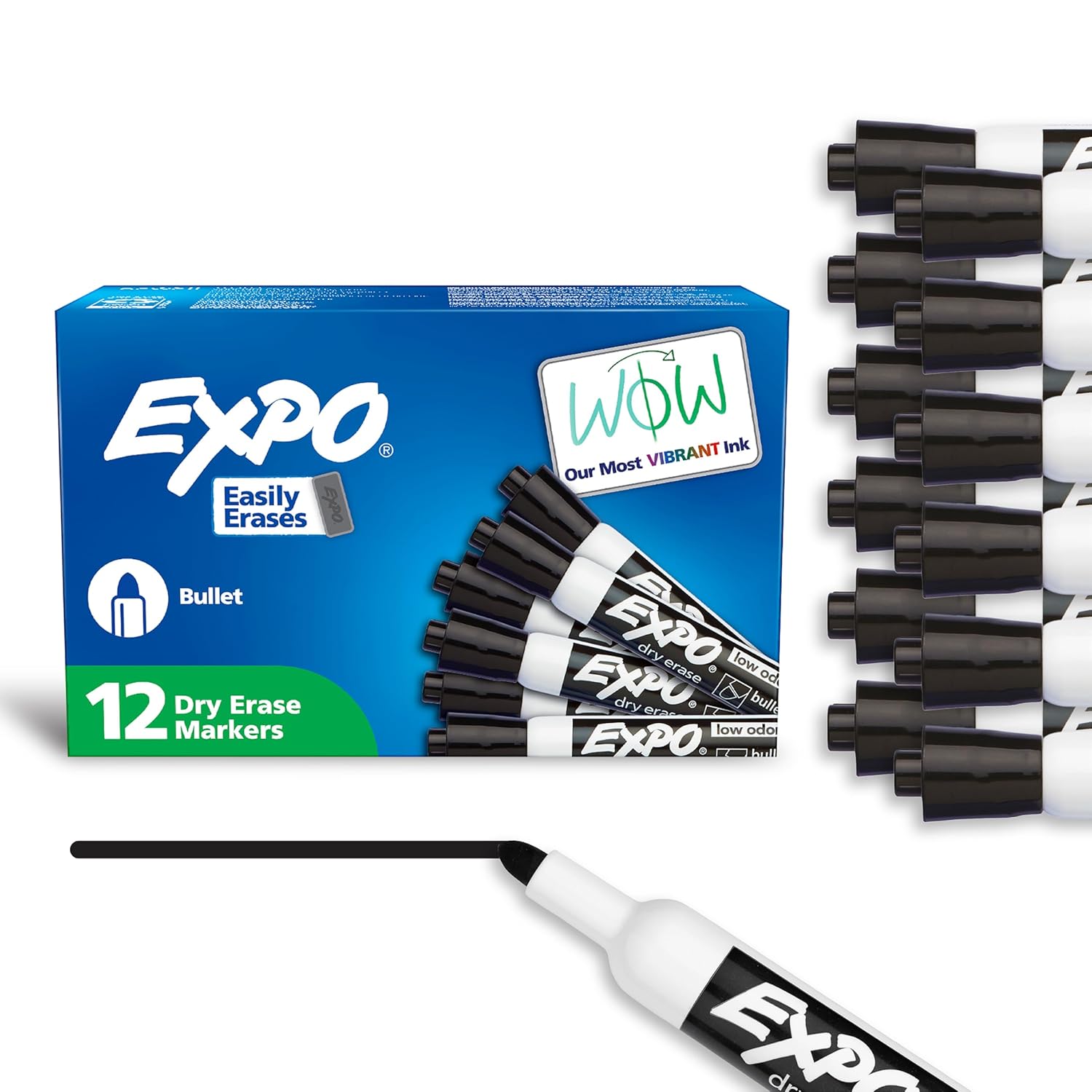 EXPO Dry Erase Markers Low Odor Ink Black Bullet Tip 12 Count - Whiteboard Calendar Organization Essential Supplies