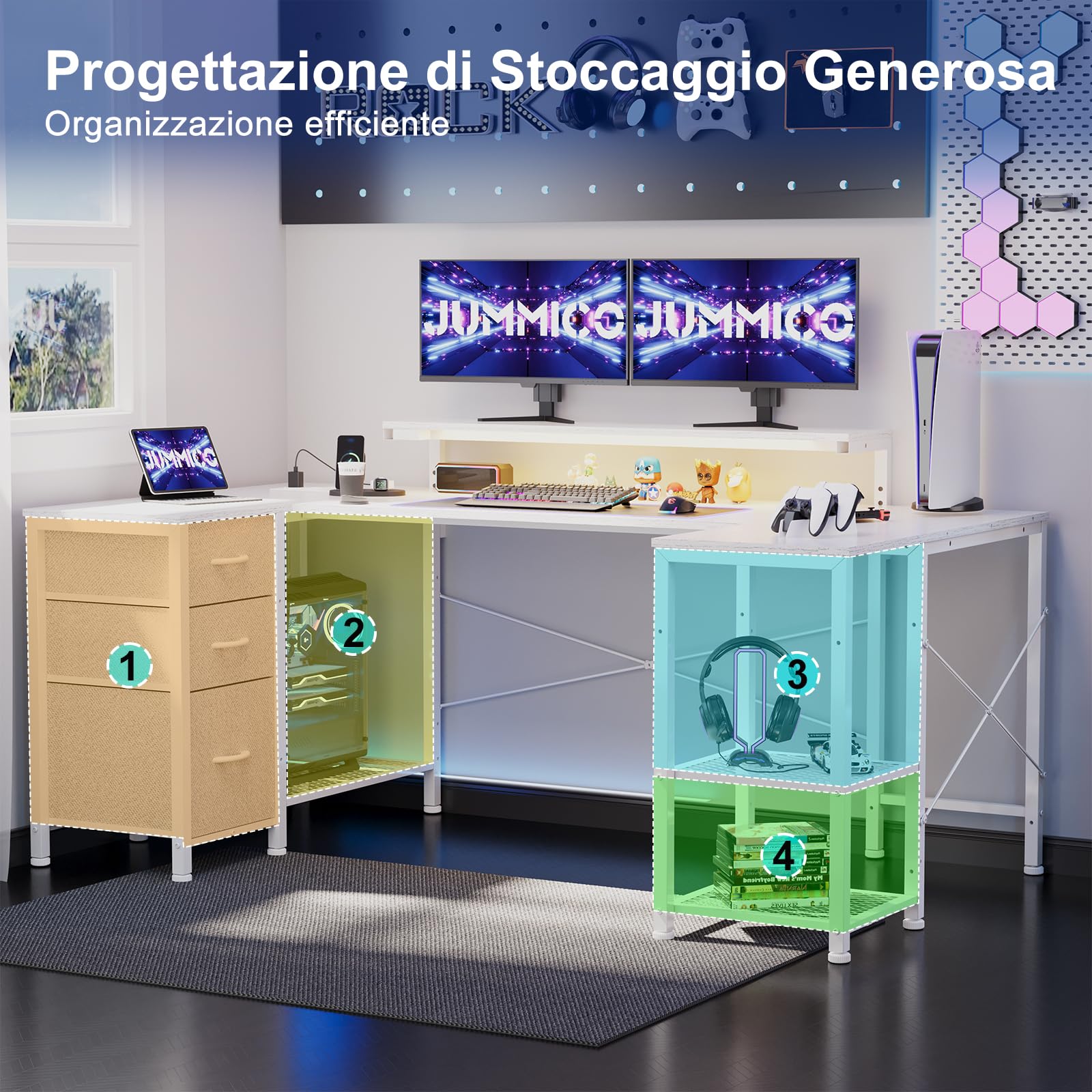 JUMMICO Scrivania da Gaming Angolare a Forma L, 170x90cm con Illuminazione LED, Supporto Monitor Regolabile in Altezza, 3 Cassetti, 2 Prese e 2 Porte USB, Scrivania in Acciaio e Legno, Bianca