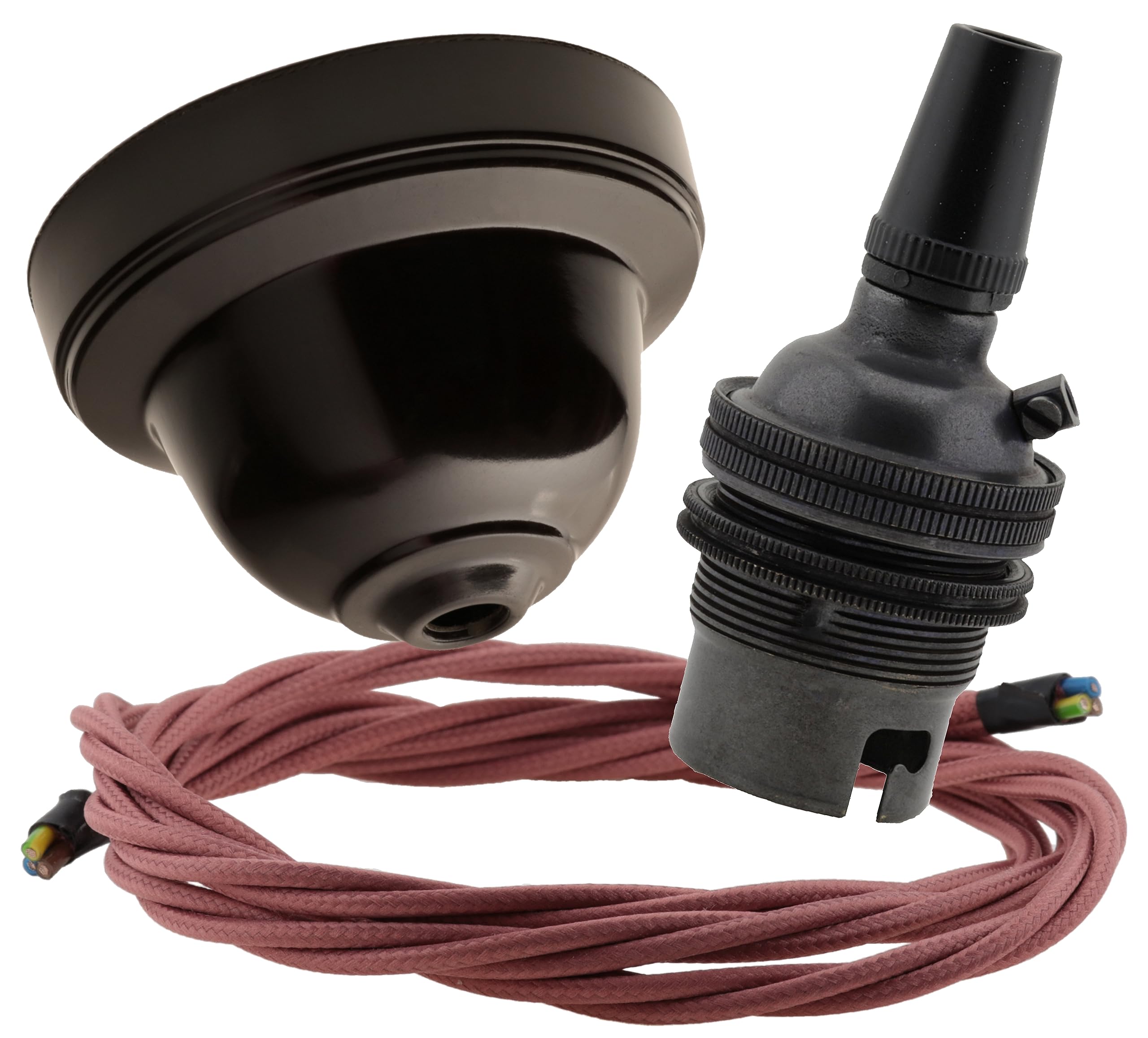 Repaireum Ltd. Vintage Styled Ceiling Pendant Kit incl. Brown Bakelite Rose, Traditional B22 Lampholder in Dark Bronze and 3 Core Dusky Old Pink Braided Twisted Flex