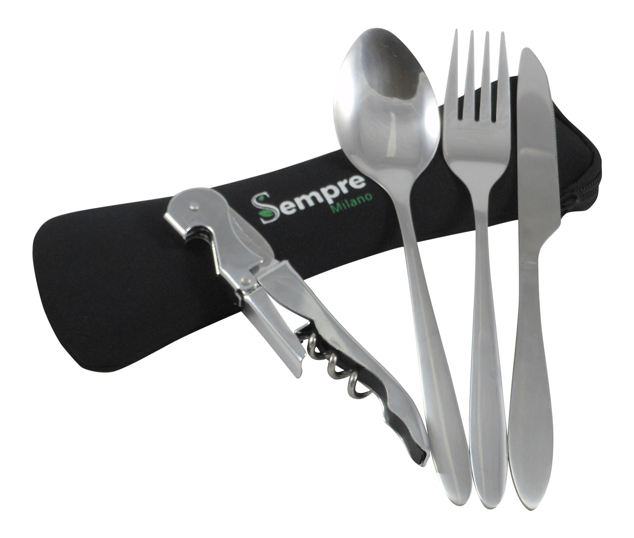 4 Piece Stainless Steel Utensils To Go Set (Knife Fork Spoon Bottle Opener) Travel Camping Cutlery with Neoprene Case, Portable Reusable Lunch Box Flatware by Sempre