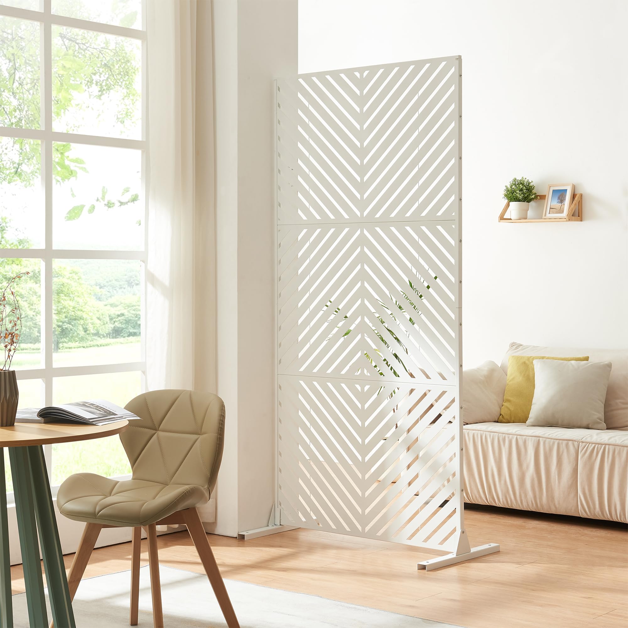 casa.pro Separador de Ambientes Kekan Diseño de Rayas Diagonales Biombo Tabique para Interior (Hogar y Oficina) Estable Resistente Acero Galvanizado 200 x 100 x 50 cm - Blanco