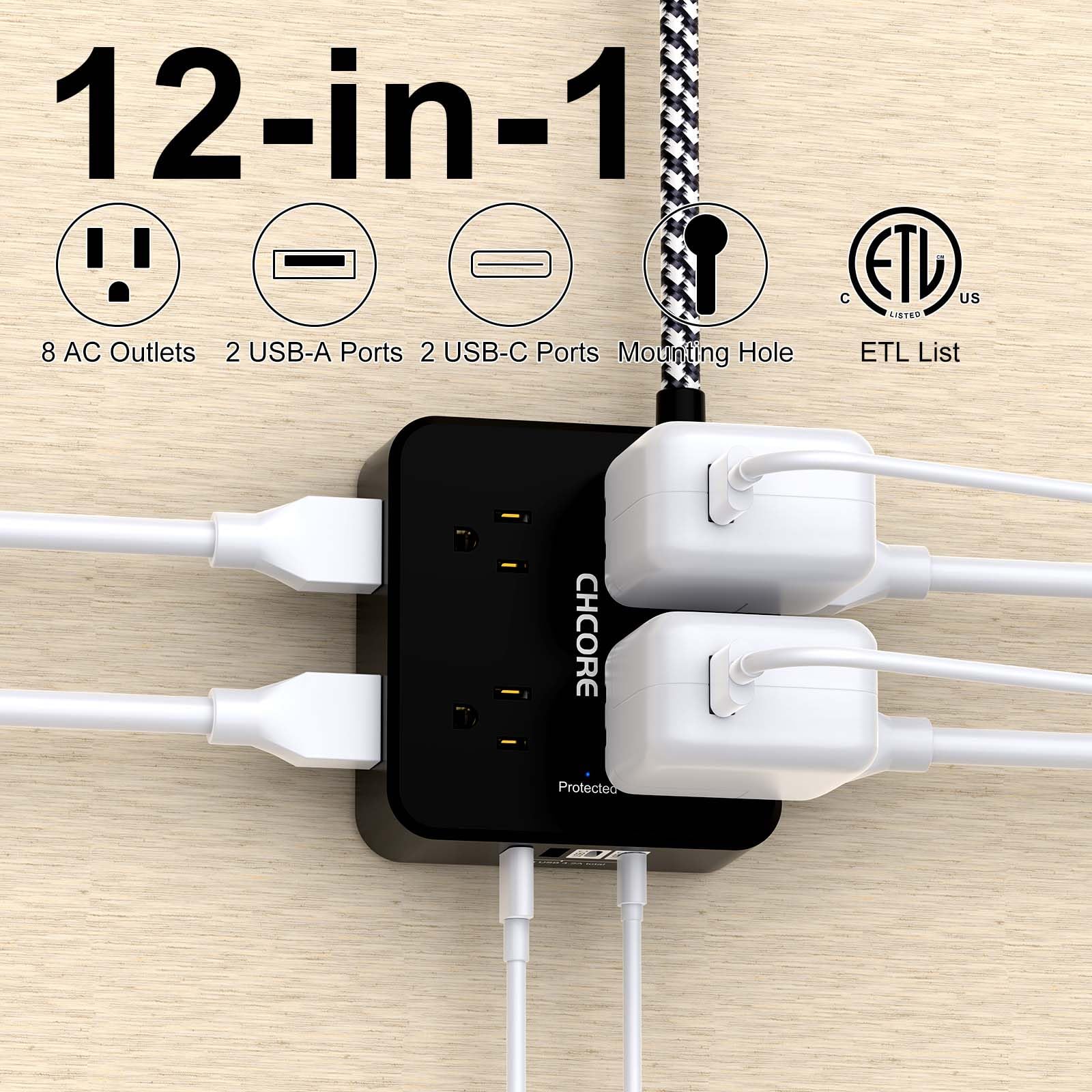CHCORE 3M geflochtenes Verlängerungskabel mit 8 Steckdosen mit 4 USB-Ladeanschlüssen (2 USB C) Flachstecker Mehrfachstecker Verlängerungskabel Ladestation für Home Office