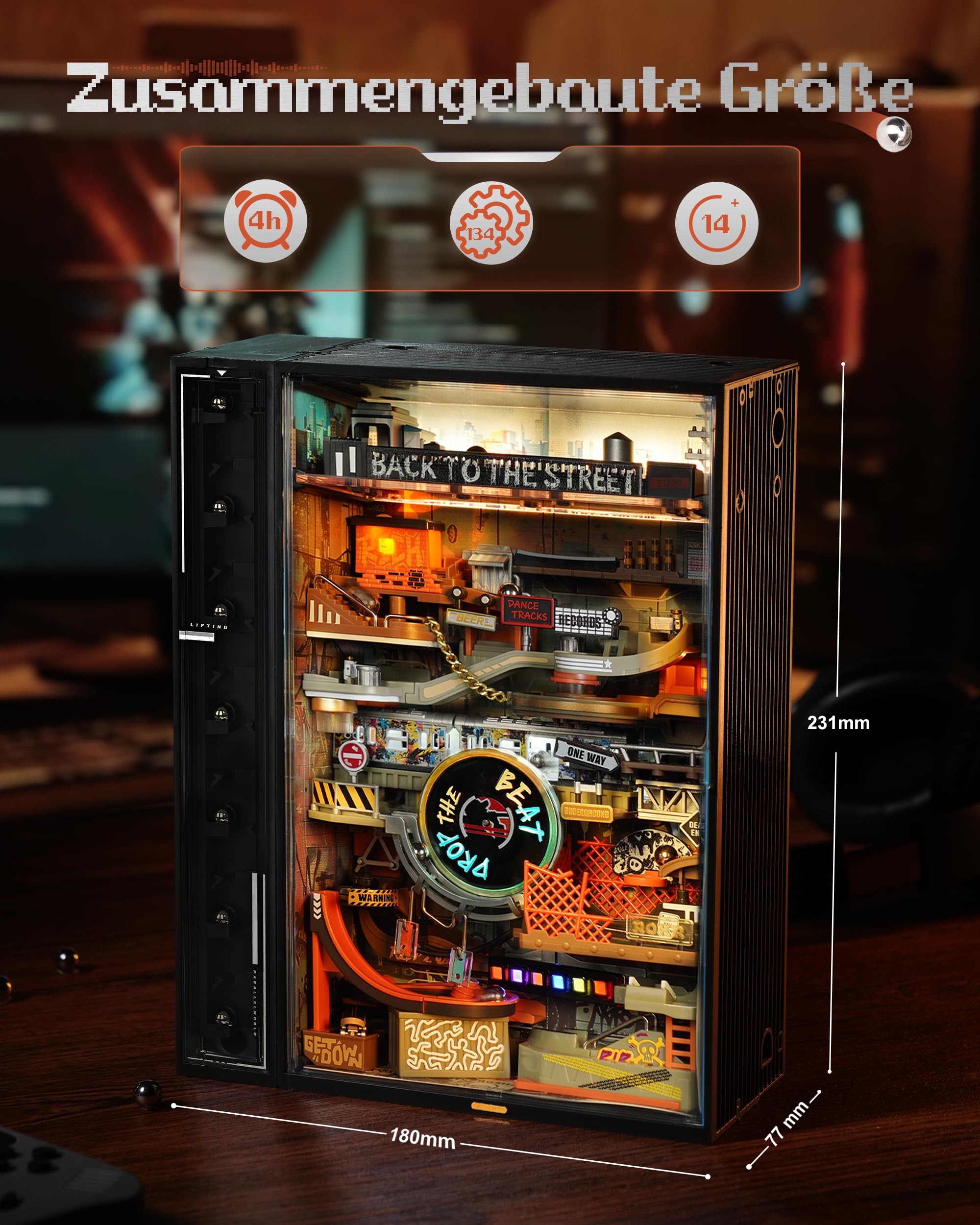 ROKR Kugelbahn 3D Puzzle Erwachsene Hip-hop Street Modell Musik-Sync Gaming Deko Setup Erweiterungsfähige Kits Cyberpunk Geschenkidee für Männer-Parallel World MR03S