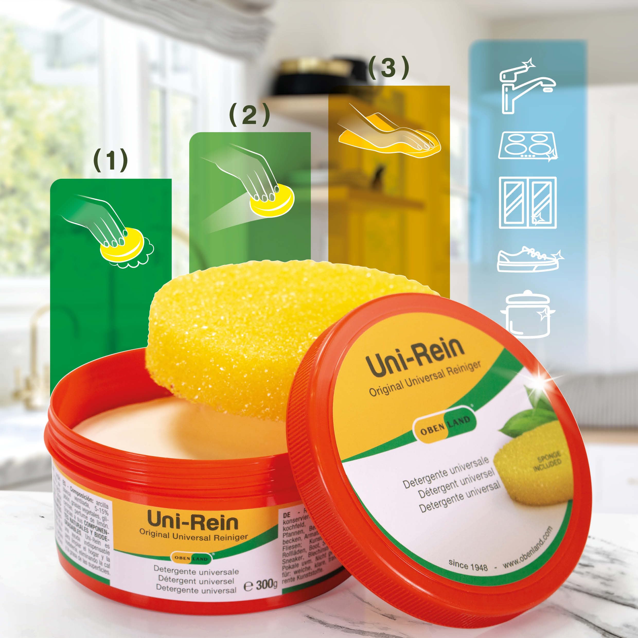 Obenland Uni-Rein Detergente solido per la pulizia ecologica - Pulitore universale per tutte le superfici in cucina, bagno, WC e rubinetti, finestre, sneakers. 3 barattoli da 300g, con 3 spugne