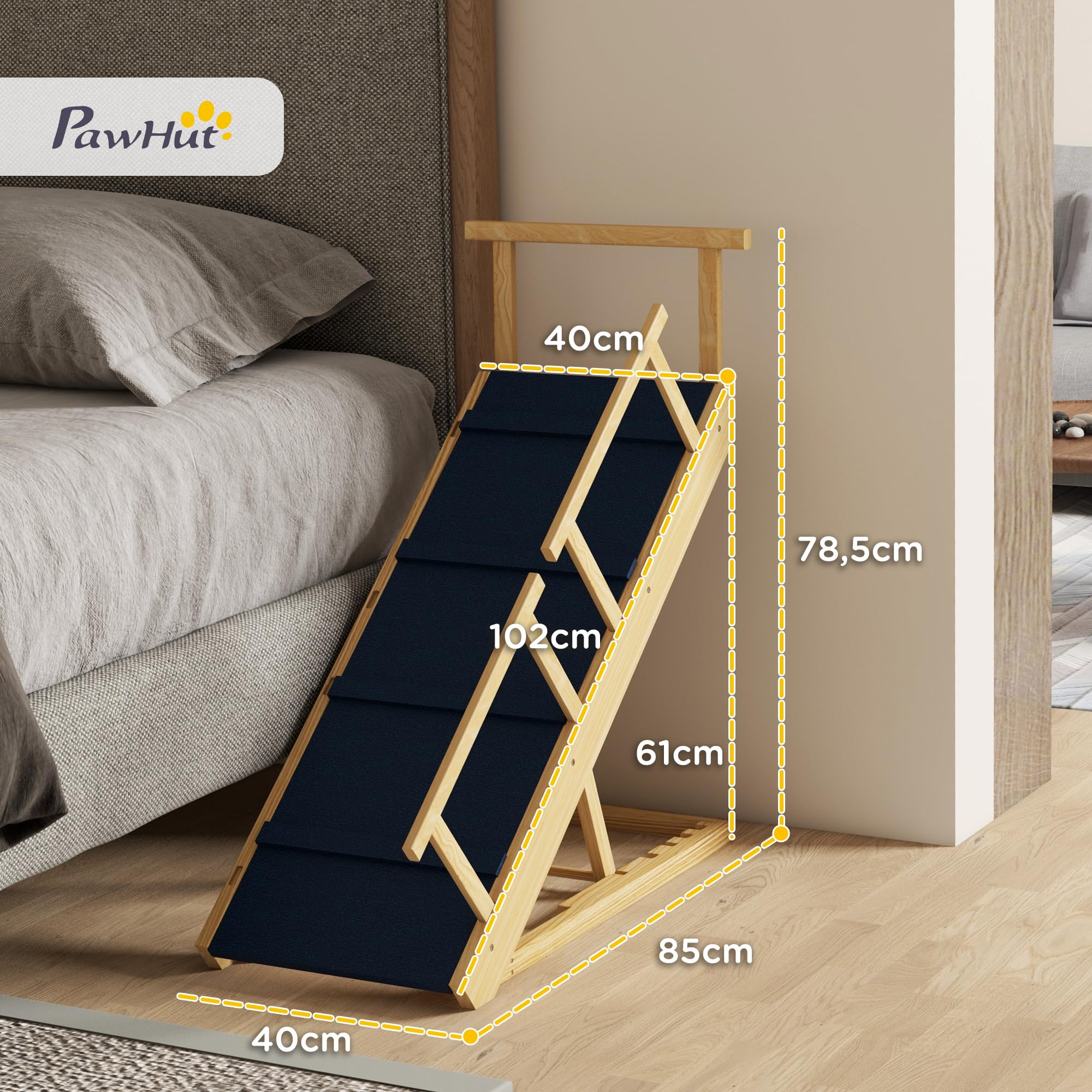 Rampa per cani PawHut Rampa pieghevole per animali domestici con ringhiera rimovibile, ausilio antiscivolo per la pensione dei cani fino a 40 kg, 85 x 40 x 78,5 cm, natura