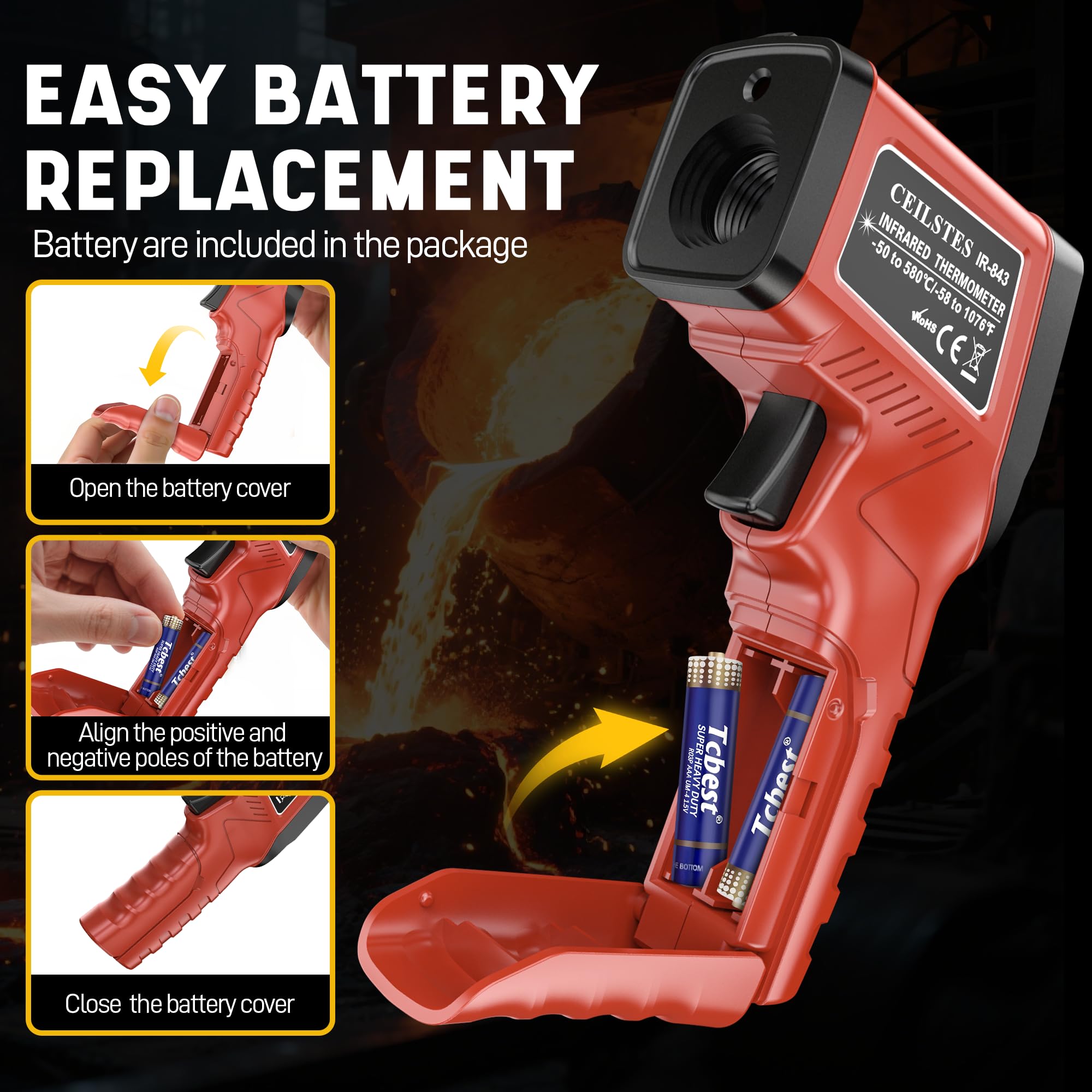 Pistola termometro a infrarossi, pistola a temperatura a infrarossi per cucinare, termometro laser da -58 °C a 580 °C, con emissione regolabile e max/min, adatta per industria, forni, HVAC