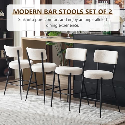 Miniatura 3 de NIOIIKIT Juego de 2 taburetes de bar modernos, cómodos taburetes de comedor tapizados de tela de peluche con patas de metal, taburetes altos con