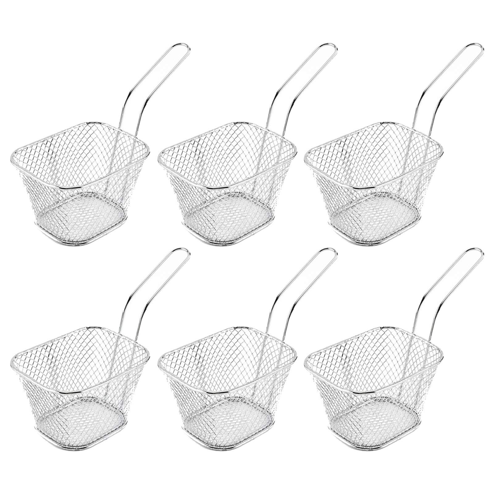 6Pcs French Fry Basket Stainless Steel Fryer Basket Strainer Square Frying Serving Holder Basket Mini Fried Food Filter Kitchen Cooking Tool for Chips Shrimps Onion Rings(Silver)