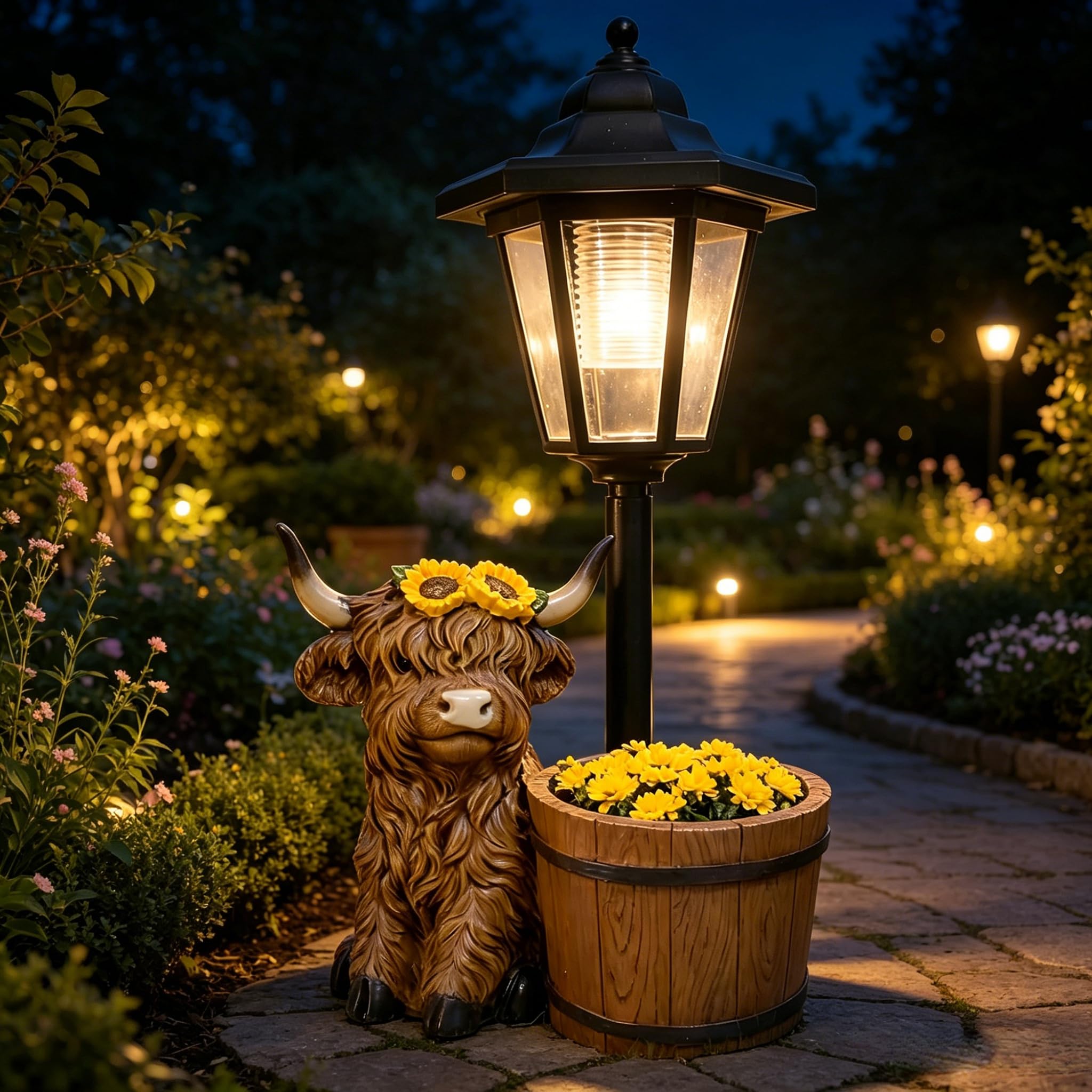 Highland Cow Planter with Light, Highland Cow Solar Lantern Planter with Solar Lamp, Waterproof Garden Decor with Flowerpot & Lantern for Yard Art Lawn Ornaments Porch Patio Balcony