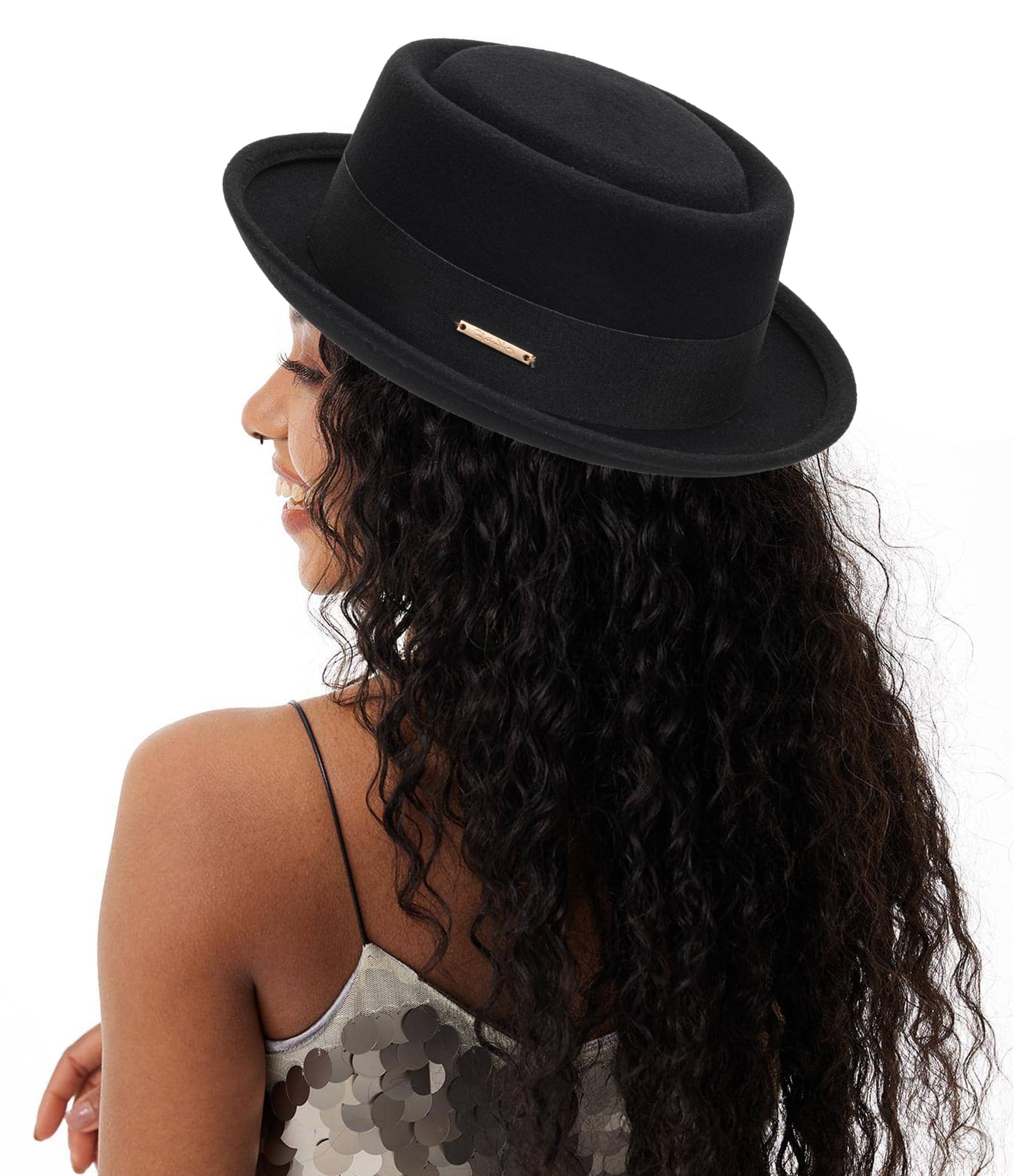 Sombrero de Porkpie Plano para Hombre, Sombrero de Lana Negra con Banda (S-M), Negro con Banda, M