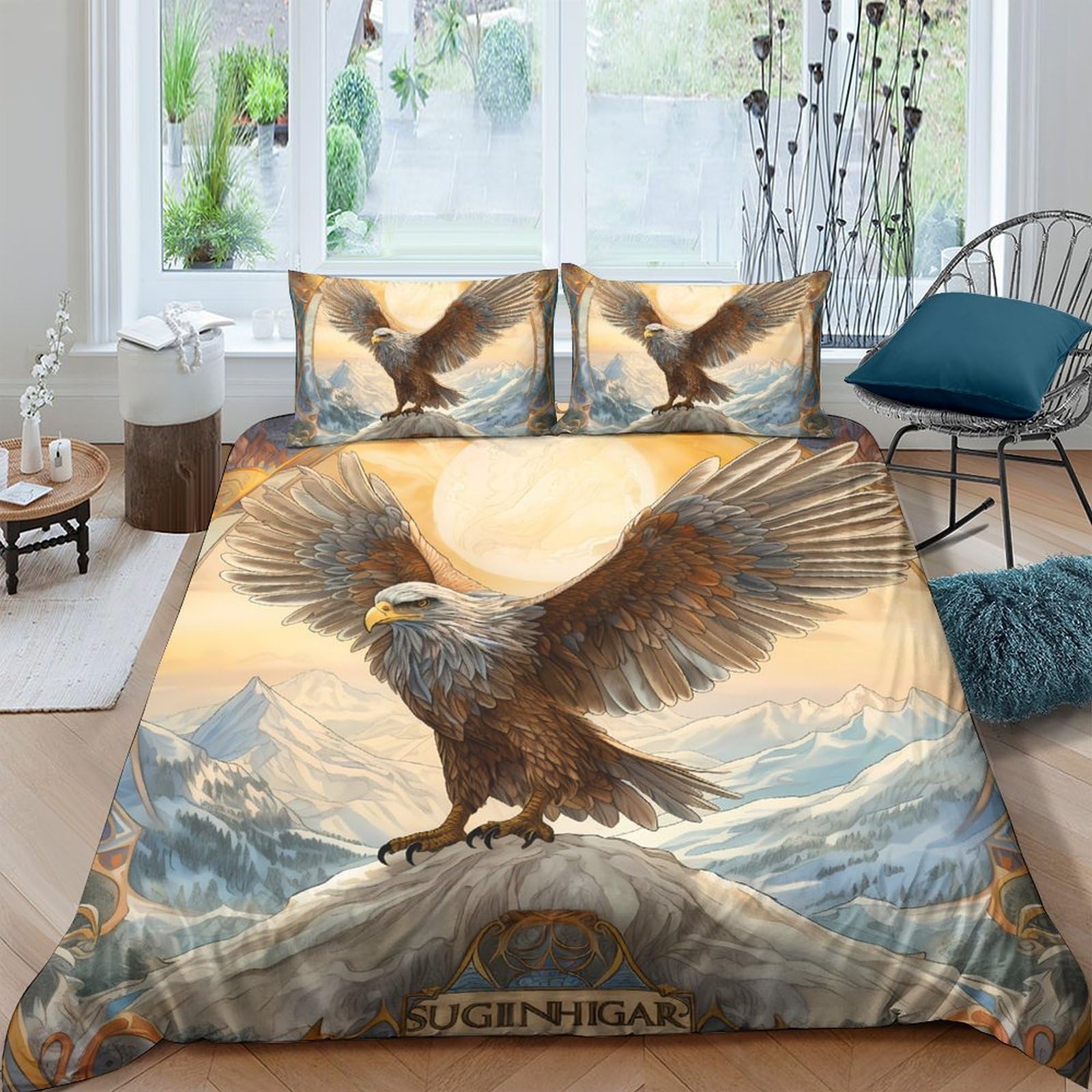 Ctjqhvkz Style-2 3D Printed Majestic Eagle Fitted Sheet Microfiber Soft Mountain Sunrise Mattress Cover For Bedroom Guest Room Decor Single（135X200cm）