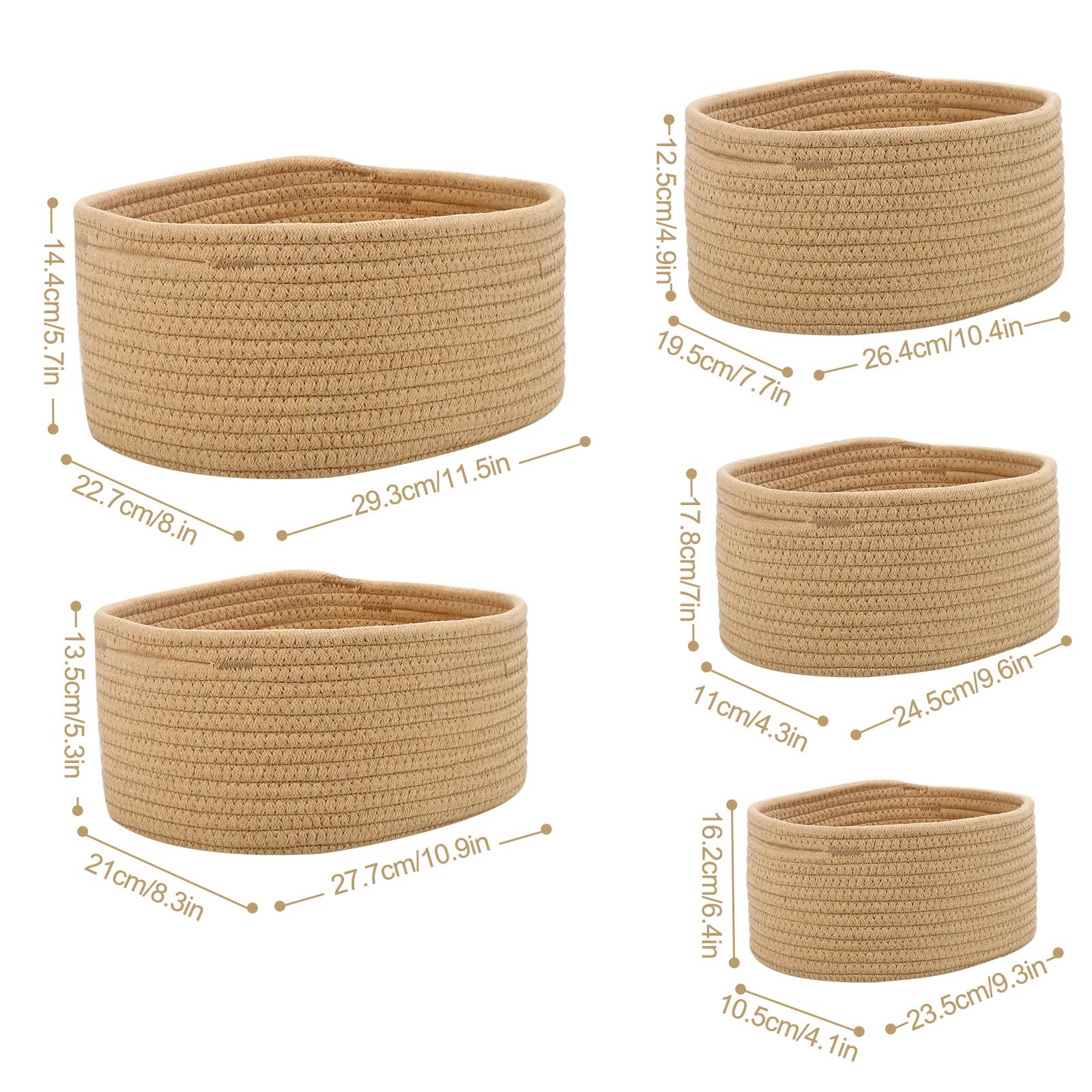 Lot de 5 Panier Rangement, Panier de Rangement,Salle de Bain Corbeille Enfan, Corbeille Rangement pour Salle de Bain, Cuisine, Organisateur Empilables à Usages Multiples(Jute)