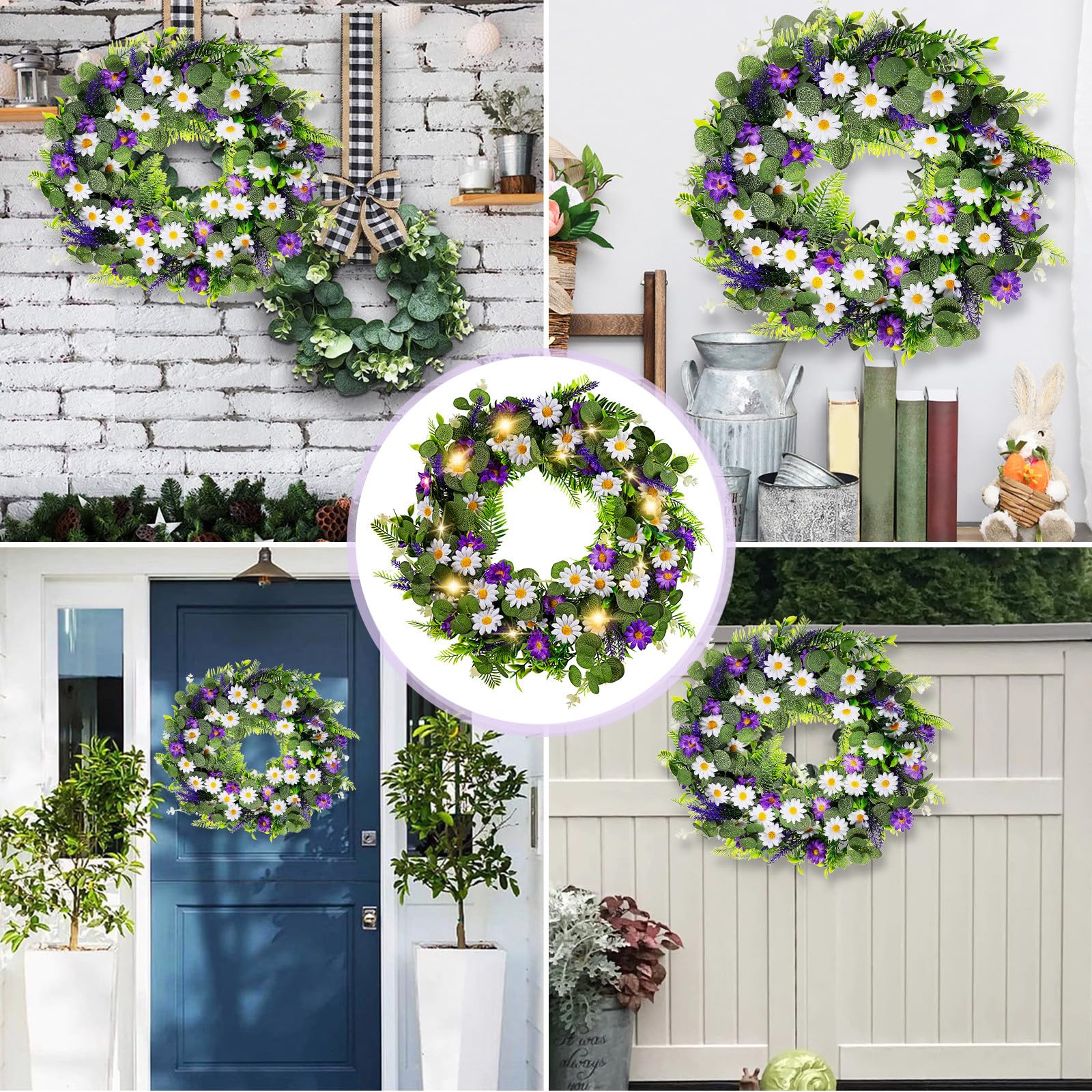 Künstlicher Lavendel Türkranz mit LED für Frühling und Sommer | Kunststoff mit Realistischer Haptik, für Partys und Hochzeiten, Zarte Form mit Natürlichem Charme
