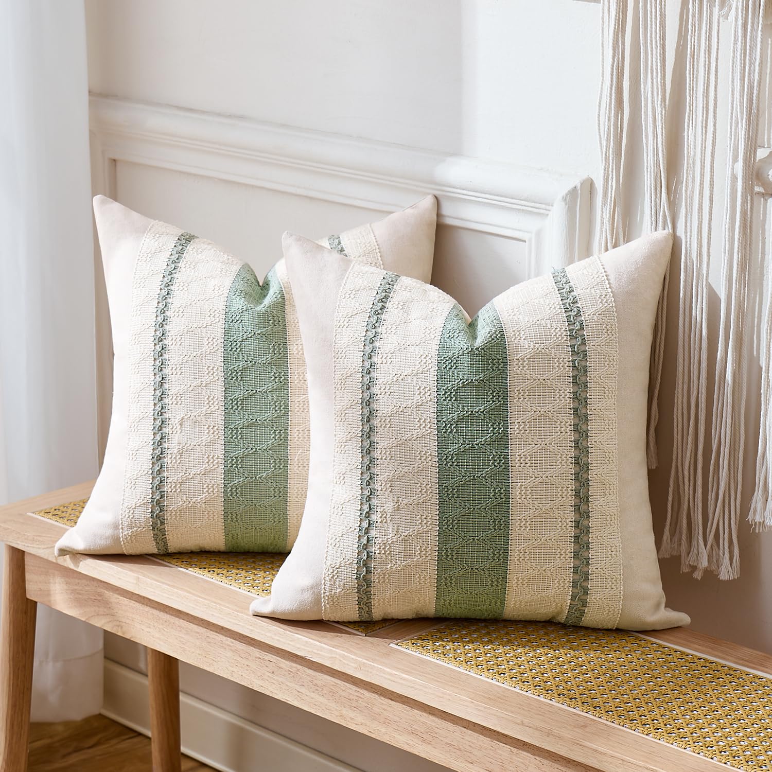 Set di 2 Boho Federe de Cuscini per Divano 40x40 Verde Salvia Moderno Fodere Cuscini Cotone e lino Macramè Cuscino Decorativo Quadrate Fodera per Cuscino per Divano Soggiorno Giardino