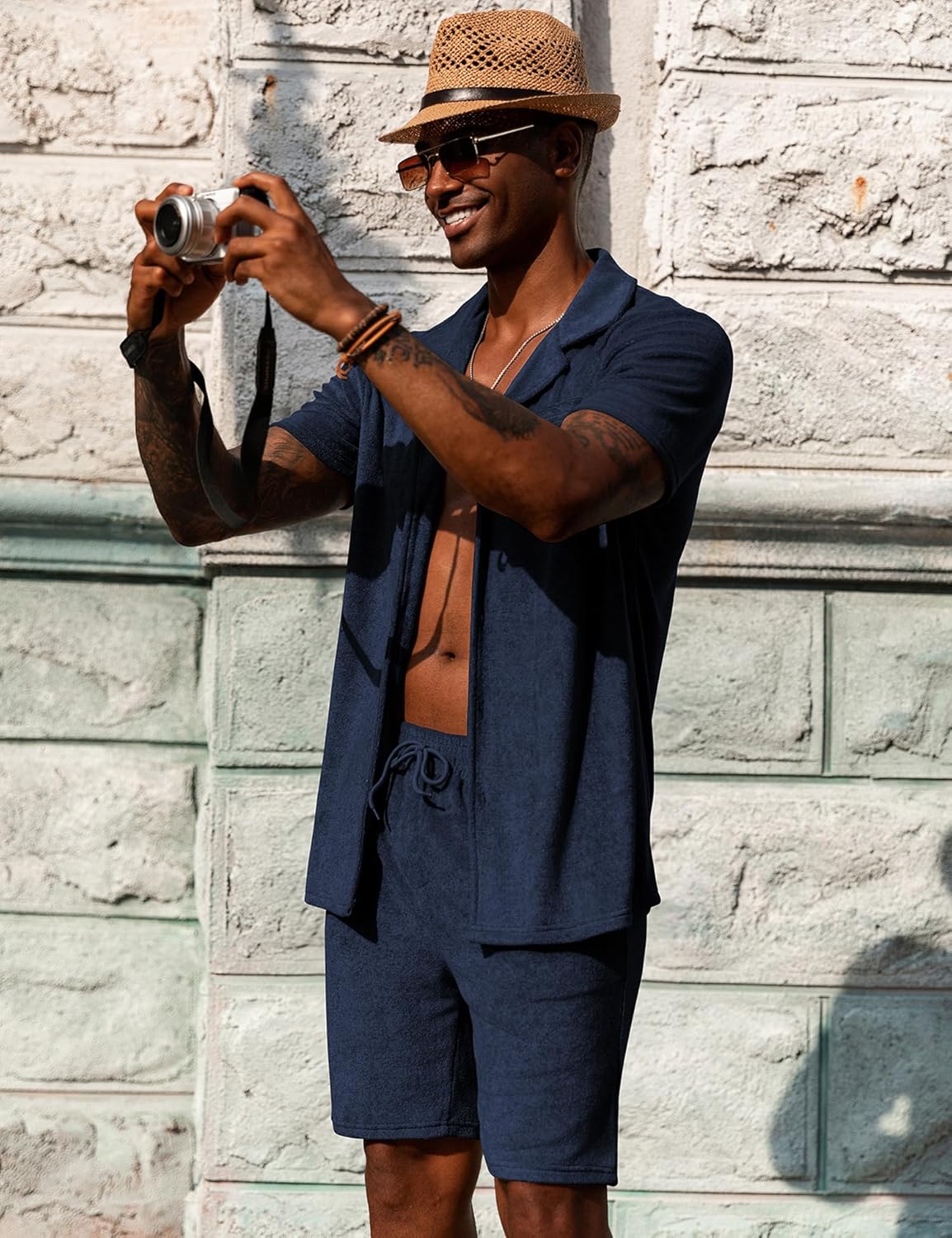 URRU Mens Short Sets 2 Piece Outfits Summer Beach Terry Short Sleeve Button Down Shirt and Shorts Set - Image 2