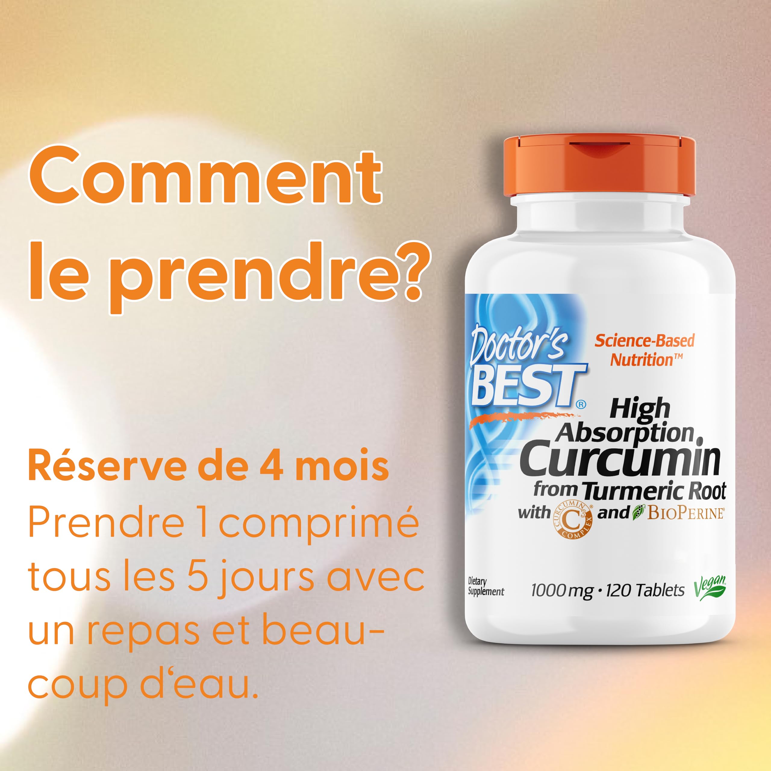 Doctor's Best, High Absorption Curcumin (Curcumine à Haute Absorption), 1.000mg, 120 Comprimés végétaliens, Testé en Laboratoire, Curcuma, Sans gluten, Sans Soja, Végétarien