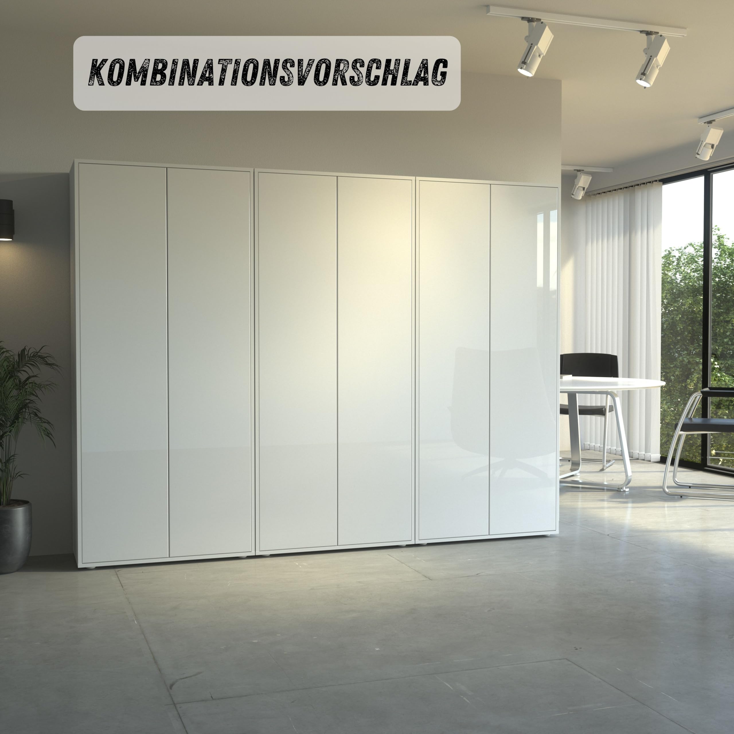 Büroschrank Amira T00, Weiß/Weiß Hochglanz, 180x80x40 cm | Geschlossener Aktenschrank, Push-to-Open, Mehrzweckschrank für Büro