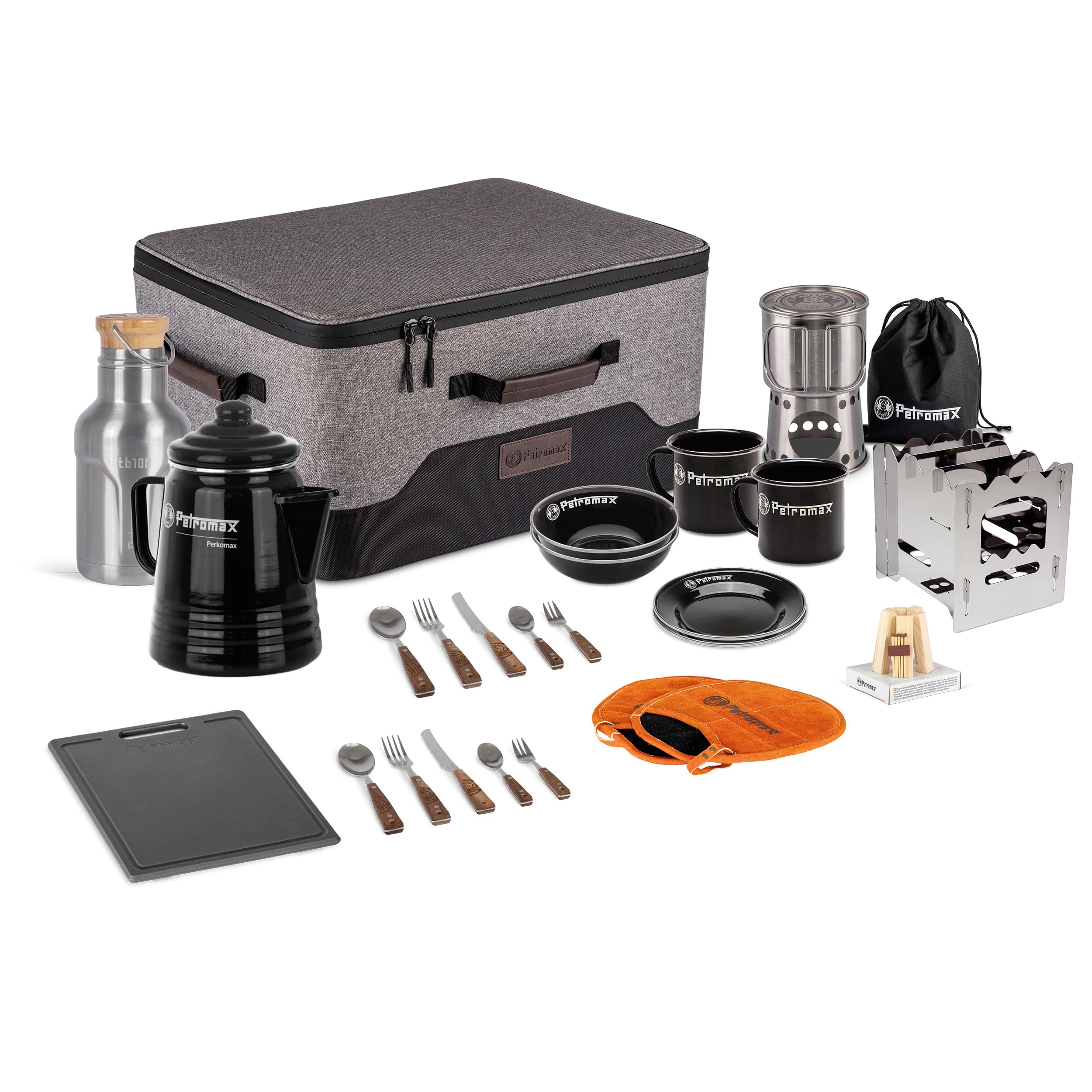 Petromax Abenteuer-Picknick-Box – Outdoor-Kochset für 2 Personen: kompakt und vielseitig – ideal für Camping, Wandern und Lagerfeuer – 12teiliges PremiumSet mit stapelbarer Transportbox
