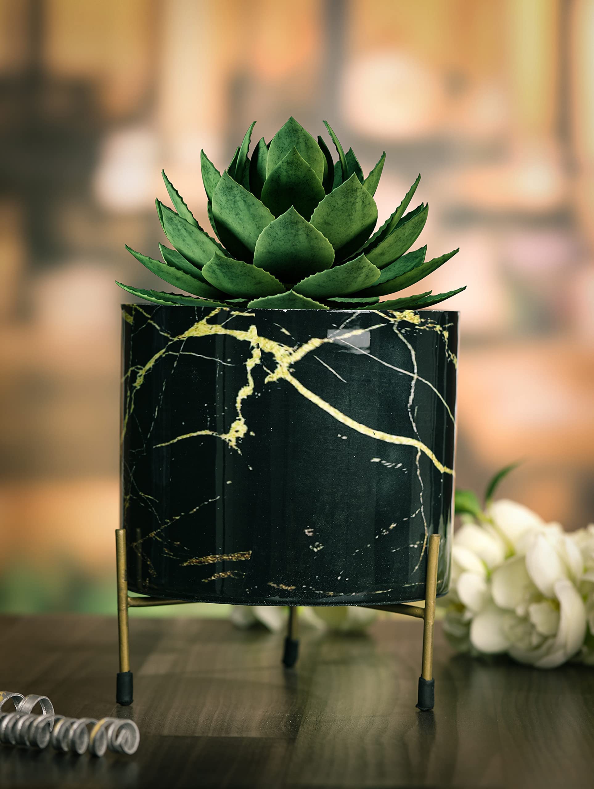 Homspurts Black Marble Printed Design Cylindrical Pot ?Planters Pot for Indoor Plants with Holder for Living Room, Balcony and Garden Decor (B09P3ZQX5G) Amazon Price History, Amazon Price Tracker