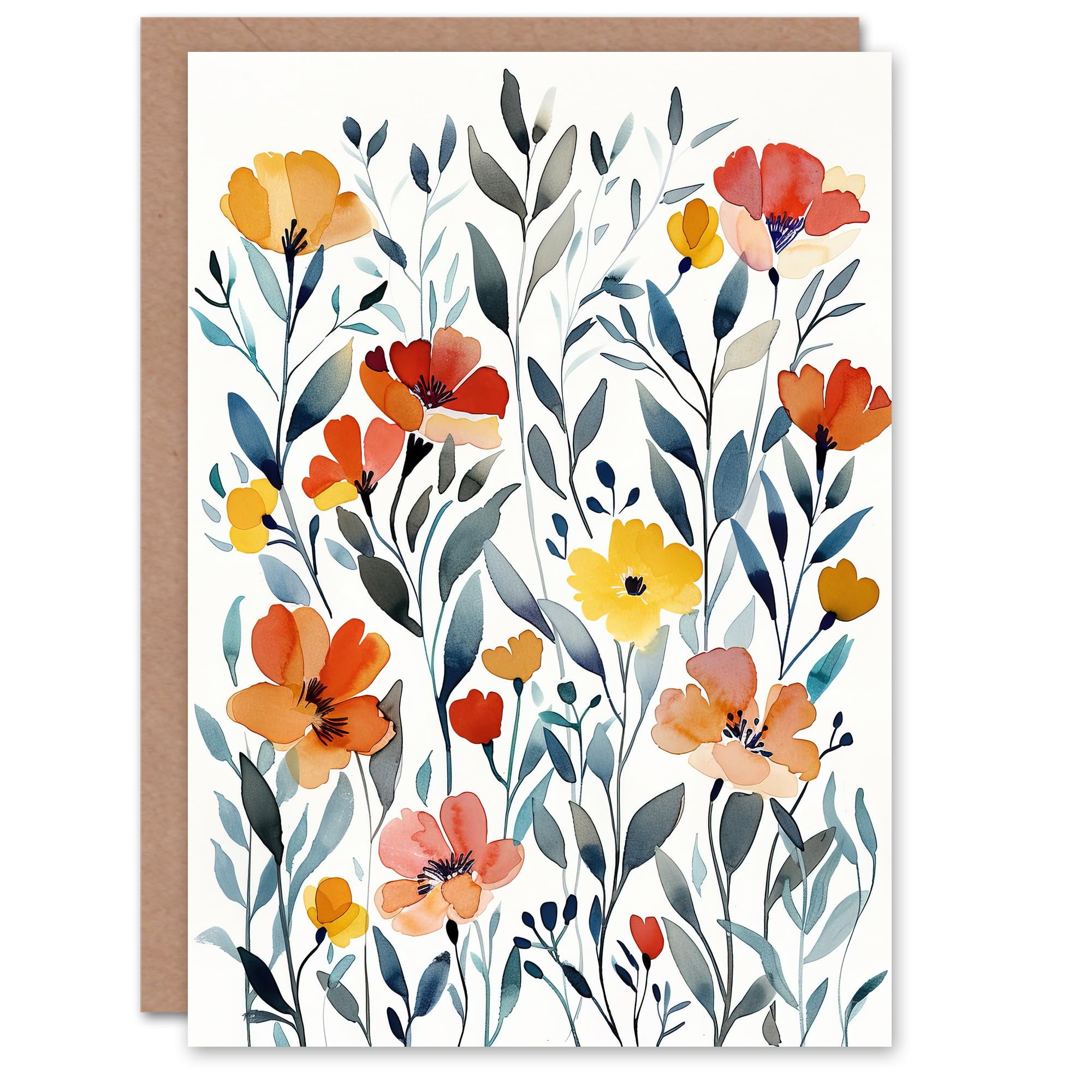 Artery8 Greeting Card Watercolour Wildflower Field Orange Floral