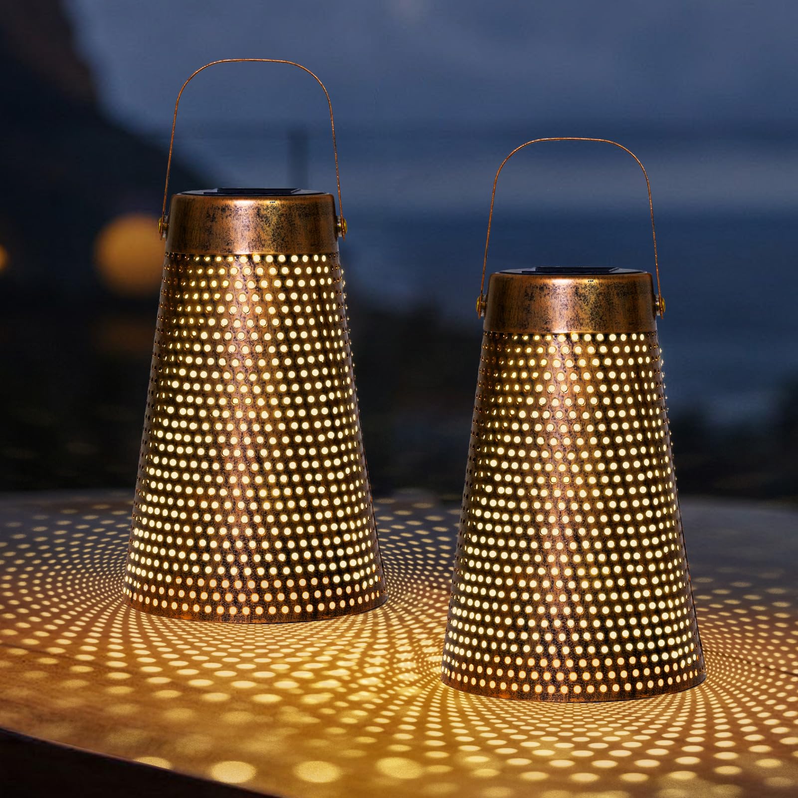 pearlstar 2Pack Solar Lanterns Outdoor Waterproof Hanging Solar Light Outside Garden Decorations for Table Yard Backyard Porch Pathway, Metal Copper