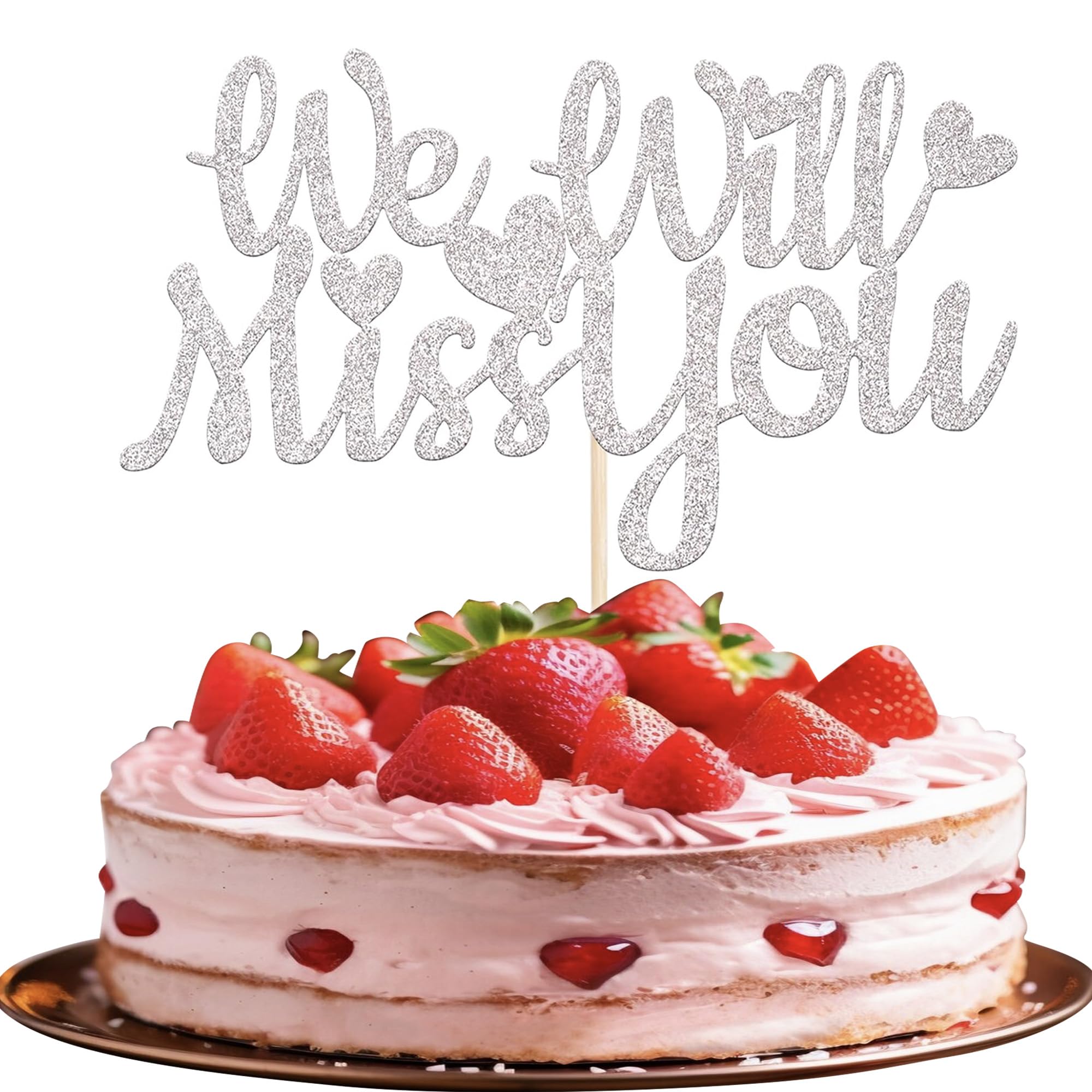 1 Stück We Will Miss You Tortendeko Glitzer Love Heart Kuchen Deko Good Luck Cake Pick für Retirement Theme Going Away Party Torten Dekorationen Silber